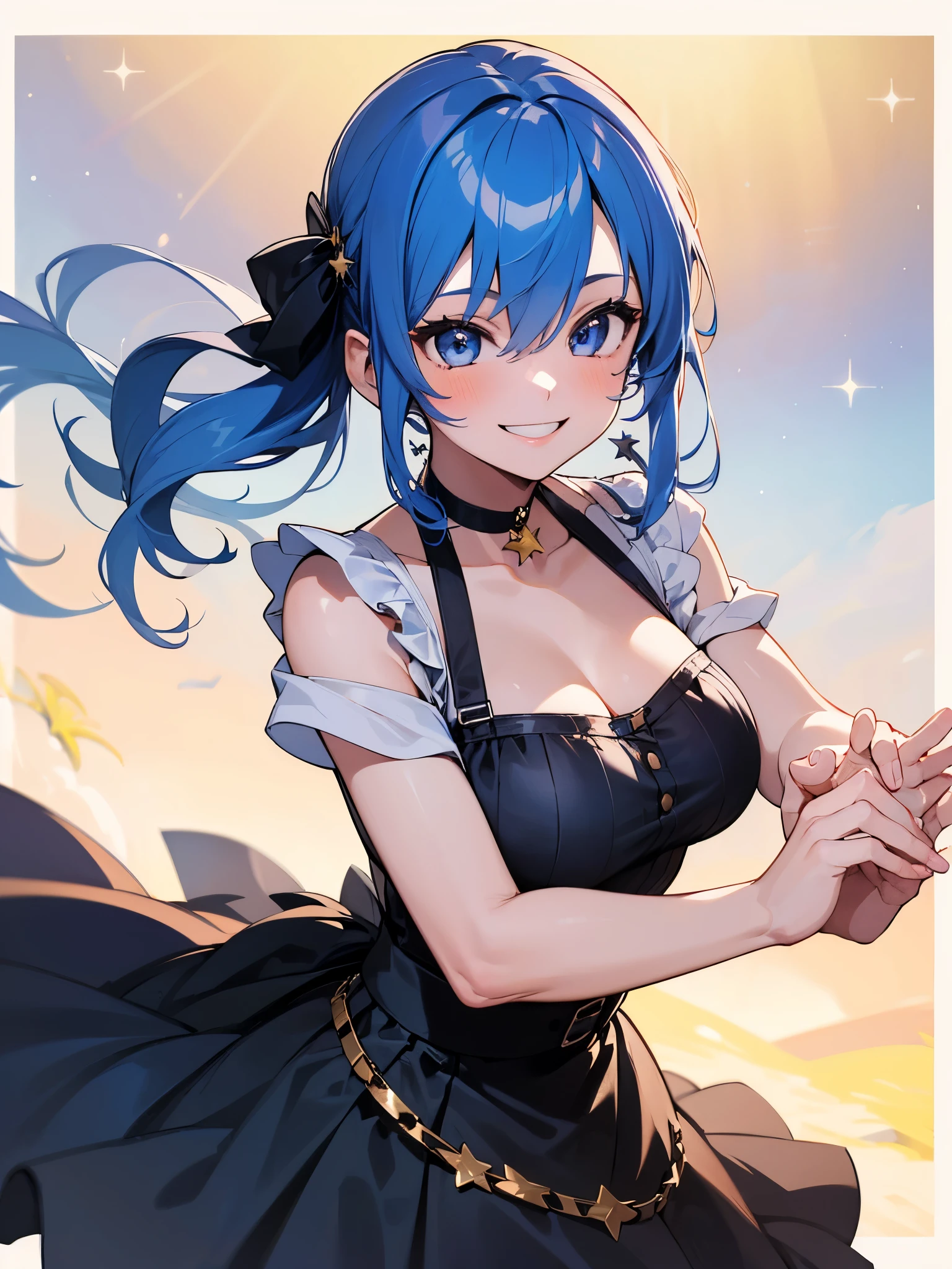 (One girl:1.5),Star Town Suisei、blue eyes、Blue Hair、choker、Hair between the eyes、Medium Hair、Side Ponytail、星のchoker,Frilled shirt,Tank top,Long skirt,Wedge heels,(Perfect hands),(Perfect Anatomy),(masterpiece),(highest quality),(A big smile:1.5),Department Wah Street