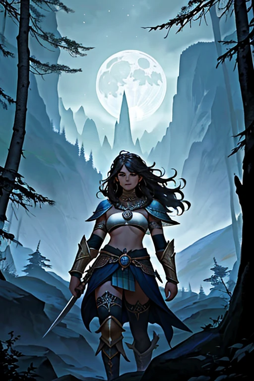 a barbarian warrior (cara detallada)con una (armadura de piel detallada y motivos de animales), que ahora lleva un (arco largo y poderoso colgado en su espalda). Sus rasgos faciales son fuertes y decididos, and his fierce look reflects his determination and bravery. (El cabello oscuro y salvaje cae en cascada sobre sus hombros), y sus (Fang and bone embellishments add an extra touch of ferocity to their appearance). La (guerrera de piel blanca como la nieve) destaca en contraste con el fondo oscuro de la noche. En el fondo, la (luna inmensa y brillante) illuminates the natural landscape with leafy trees and mountains, creating a mystical and fascinating atmosphere that frames the warrior in her untamed environment. The image conveys a feeling of power and connection with nature, destacando la fuerza y el coraje de la guerrera en medio de la noche.