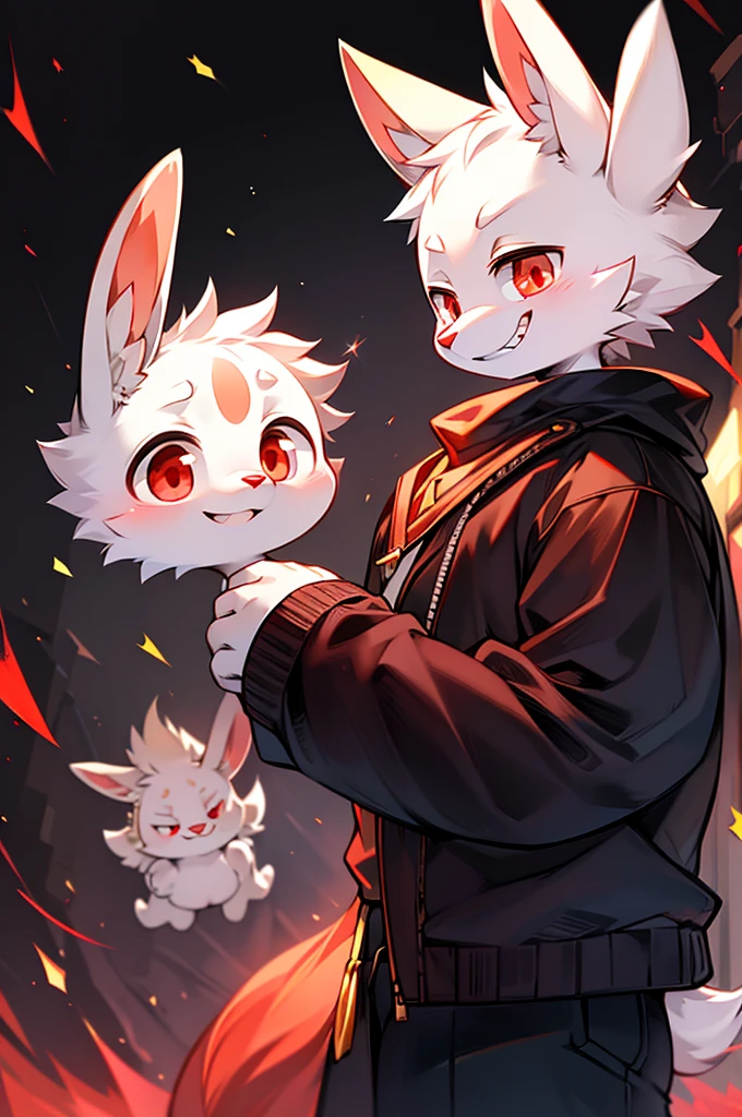 Adorable Shota Rabbit, White fur, Bright Red Eyes, Playful Expression, Goofy Grin, Mischievous, Air Nibble, Dimly Lit Background, Blood-Stained, Juxtaposition, Surrealism, Handsome, Silly Appearance, Mysterious Aura, Red Cheeks, Pale, Empty Space, Rabbit Ears, Long, Pink Inside, Standing Posture, White Tail, Red Nose, Mysterious Atmosphere, Black Clothes, Dark Fur, High Detail, High Resolution, Anime Style, Underworld, Murder Mystery, Wearing Over-Sized Sweater, Backdrop of