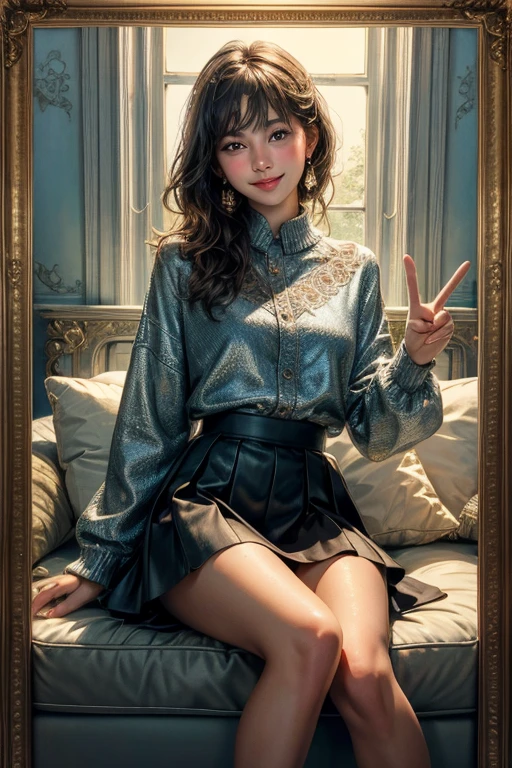 Award-Winning Masterpiece: Super High Quality Portrait of a 15-Year-Old Girl

Intricately Detailed Eyes that Radiate Intelligence, Reflected in a Shimmering Wet Skin Surface, Framed by Super Detailed Skin and a Super Detailed Nose.

The girl sits cross-legged on her knee, her super short skirt bunched up, exposing pristine, smooth legs. Her left hand forms a peace sign, a gesture of tranquility, her fingers precisely manicured.

The focus is solely on her face, her smile warm and inviting, her lips glossy and slightly parted, revealing a small,