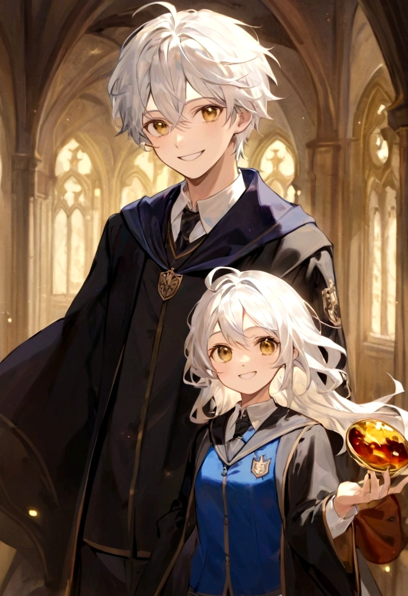 Ravenclaw uniform, Ravenclaw emblem, black robe. Beautiful face boy. Very smart. white Hair. Amber yellow eyes. Hogwarts. Cheerful. Smile. Blue clothes