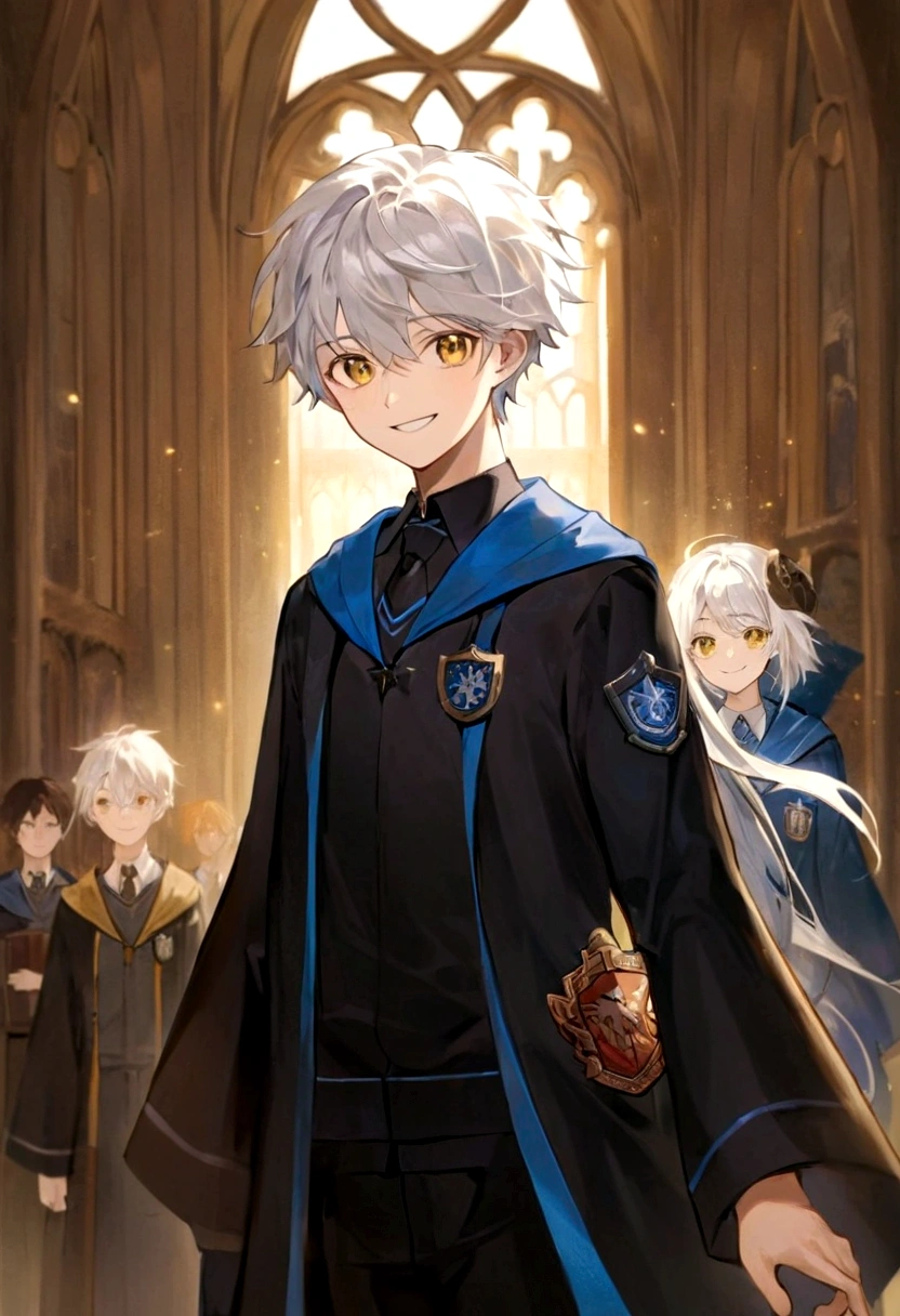 Ravenclaw uniform, Ravenclaw emblem, black robe. Beautiful face boy. Very smart. white Hair. Amber yellow eyes. Hogwarts. Cheerful. Smile. Blue clothes