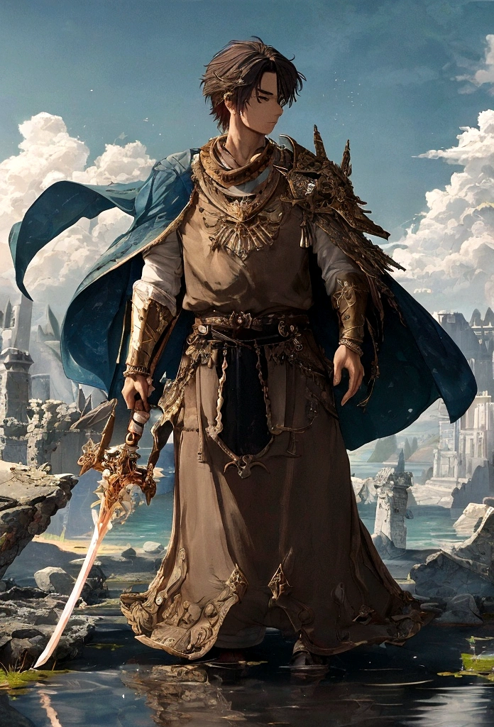 In a mesmerizing silhouetted scene of a giant moon with its surface marked by vividly detailed craters, with radiant sunlight, in a fantastical world bathed in ethereal light, a lone young man who is carrying a sword stands confidently on a serene beach, looking forward with determination in her eyes, with blue waves gently kissing the shore. Behind him, the landscape is both familiar and otherworldly, with ancient structures partially submerged in water, giving the impression that once upon a time there was a great civilization, now in ruins. He has spiky blond hair that shines in the sun, a reflection of his vibrant and adventurous spirit. Around the neck hangs a distinctive pendant, reflecting the light with a touch of mystery. In his hand he holds an enormous sword, beautifully crafted and ornamented with stones, its blade glowing with a magical aura, suggesting that this weapon is not just for combat. The atmosphere is filled with a sense of tranquility, mystery, serenity and adventure. The young man looks at the horizon with a determined and victorious expression, as if he is ready to embark on a new journey, face an imminent challenge or cast a powerful spell. ((frontside)) ((8k)