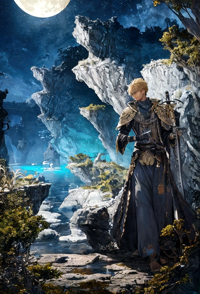 In a mesmerizing silhouetted scene of a giant moon with its surface marked by vividly detailed craters, with radiant sunlight, in a fantastical world bathed in ethereal light, a lone young man who is carrying a sword stands confidently on a serene beach, looking forward with determination in her eyes, with blue waves gently kissing the shore. Behind him, the landscape is both familiar and otherworldly, with ancient structures partially submerged in water, giving the impression that once upon a time there was a great civilization, now in ruins. He has spiky blond hair that shines in the sun, a reflection of his vibrant and adventurous spirit. Around the neck hangs a distinctive pendant, reflecting the light with a touch of mystery. In his hand he holds an enormous sword, beautifully crafted and ornamented with stones, its blade glowing with a magical aura, suggesting that this weapon is not just for combat. The atmosphere is filled with a sense of tranquility, mystery, serenity and adventure. The young man looks at the horizon with a determined and victorious expression, as if he is ready to embark on a new journey, face an imminent challenge or cast a powerful spell. ((frontside)) ((8k)
