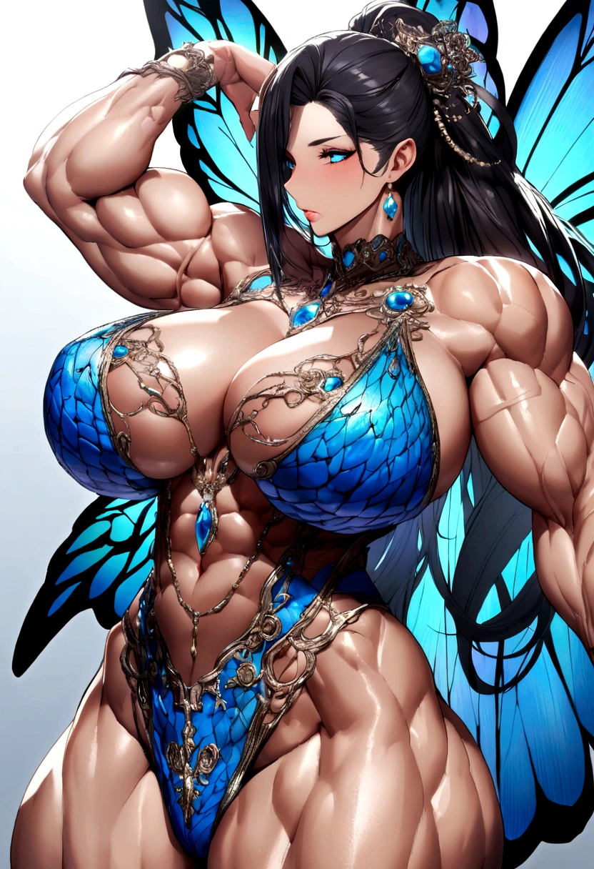 Fairy with extreme muscular body, big blue butterfly wings, long black hair and huge breasts.