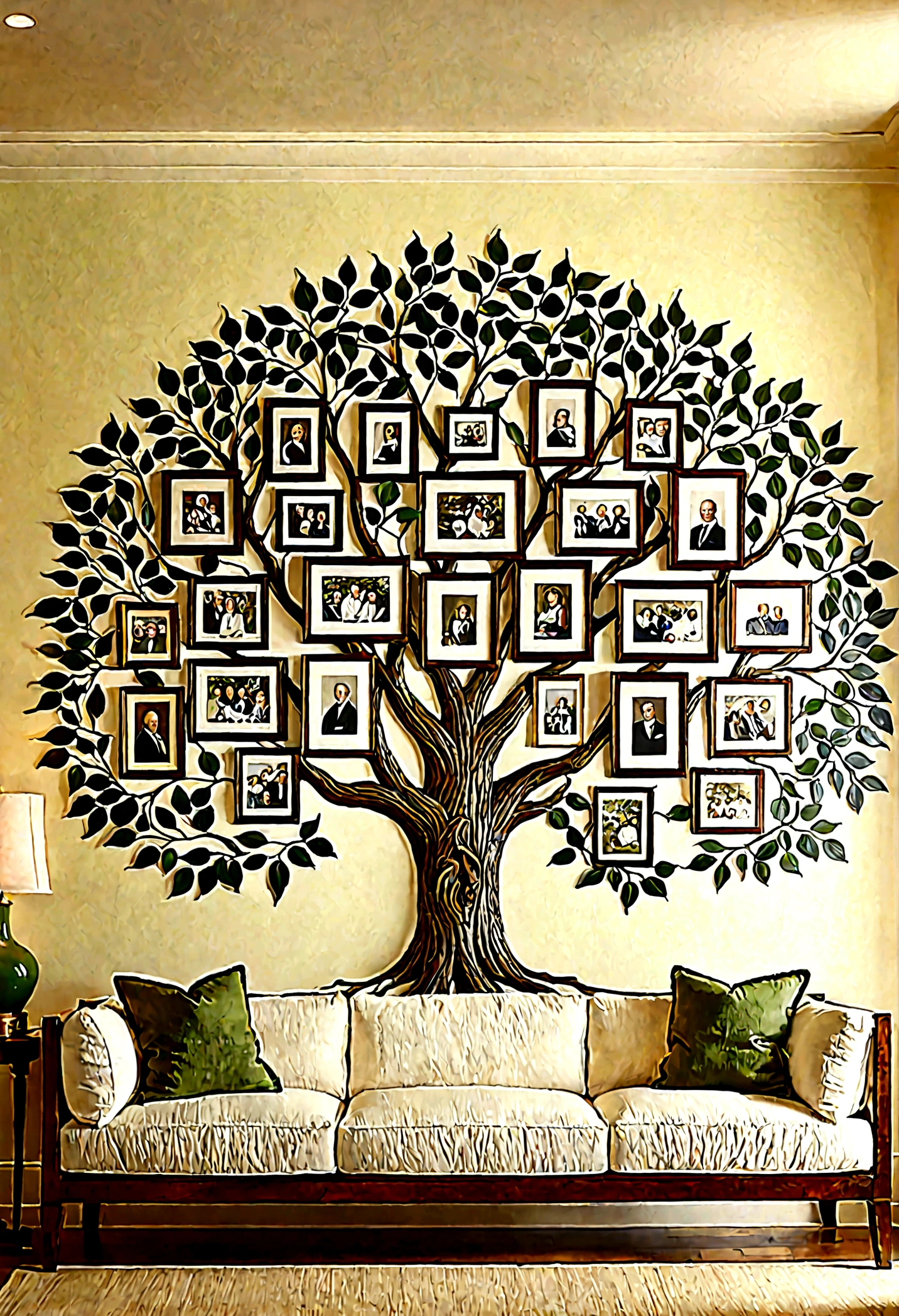  A beautifully painted family tree adorning the wall of a cozy, warmly lit room, rendered in stunning Ultra HD 16k resolution. The tree, with its sprawling branches and lush green leaves, is depicted in exquisite detail, its roots firmly anchored at the base of the wall and its branches spreading wide across the room. Large, high-definition photographs of family members are carefully placed among the branches, each picture framed elegantly, creating a gallery of ancestral and contemporary portraits. The room itself is tastefully decorated, with soft, inviting furniture and a sense of warmth and heritage. The detailed wall art and lifelike photos tell a rich story of familial connections, capturing the essence of generations past and present, their legacies interwoven in the intricate branches of the tree.