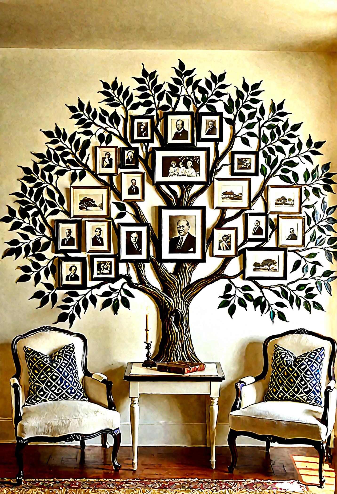 A beautifully painted family tree adorning the wall of a cozy, warmly lit room, rendered in stunning Ultra HD 16k resolution. The tree, with its sprawling branches and lush green leaves, is depicted in exquisite detail, its roots firmly anchored at the base of the wall and its branches spreading wide across the room. Large, high-definition photographs of family members are carefully placed among the branches, each picture framed elegantly, creating a gallery of ancestral and contemporary portraits. The room itself is tastefully decorated, with soft, inviting furniture and a sense of warmth and heritage. The detailed wall art and lifelike photos tell a rich story of familial connections, capturing the essence of generations past and present, their legacies interwoven in the intricate branches of the tree.