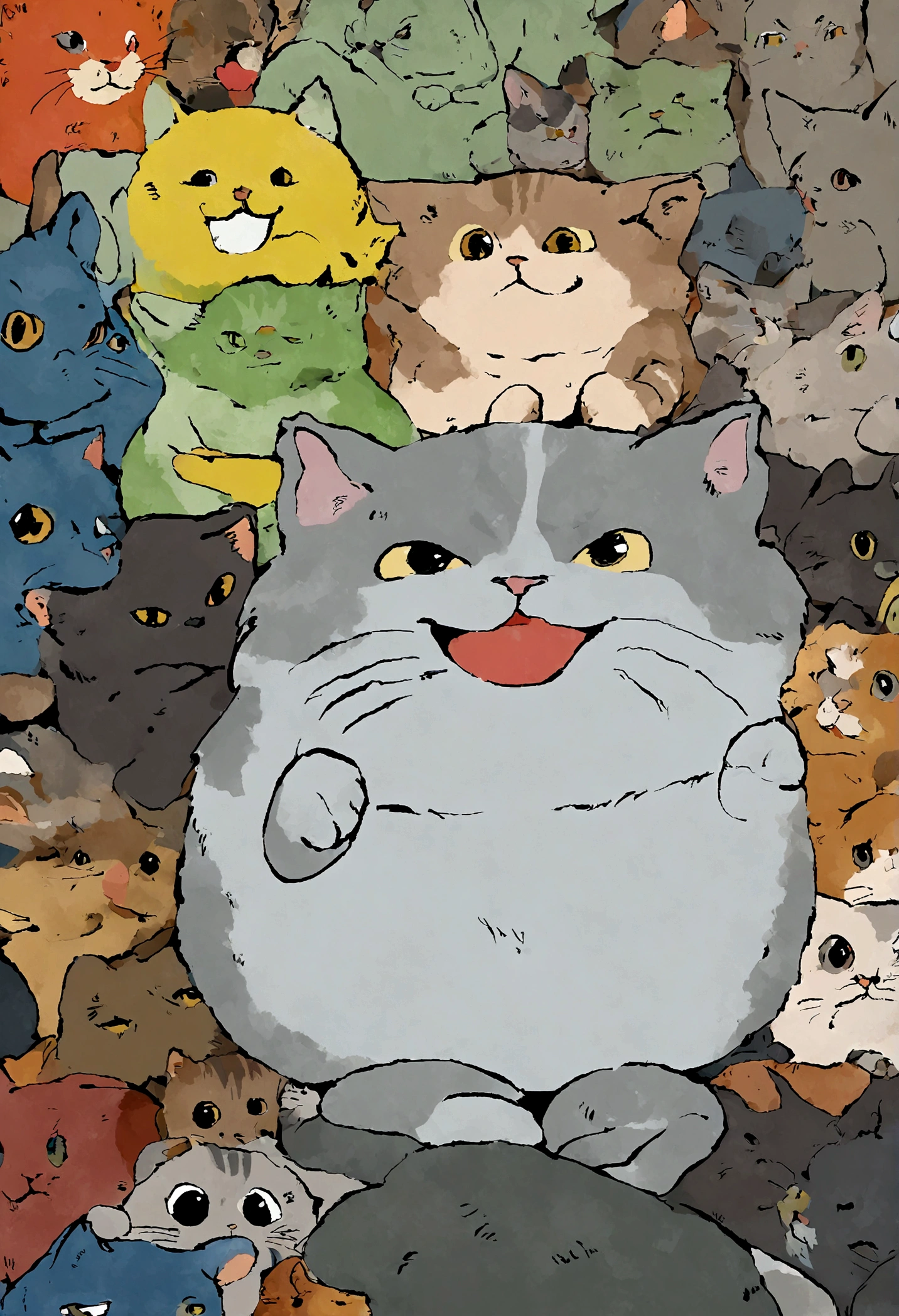 super gato, Dark grey Tabby cat with white bottom, studio_ghibli_anime_style style, 2d