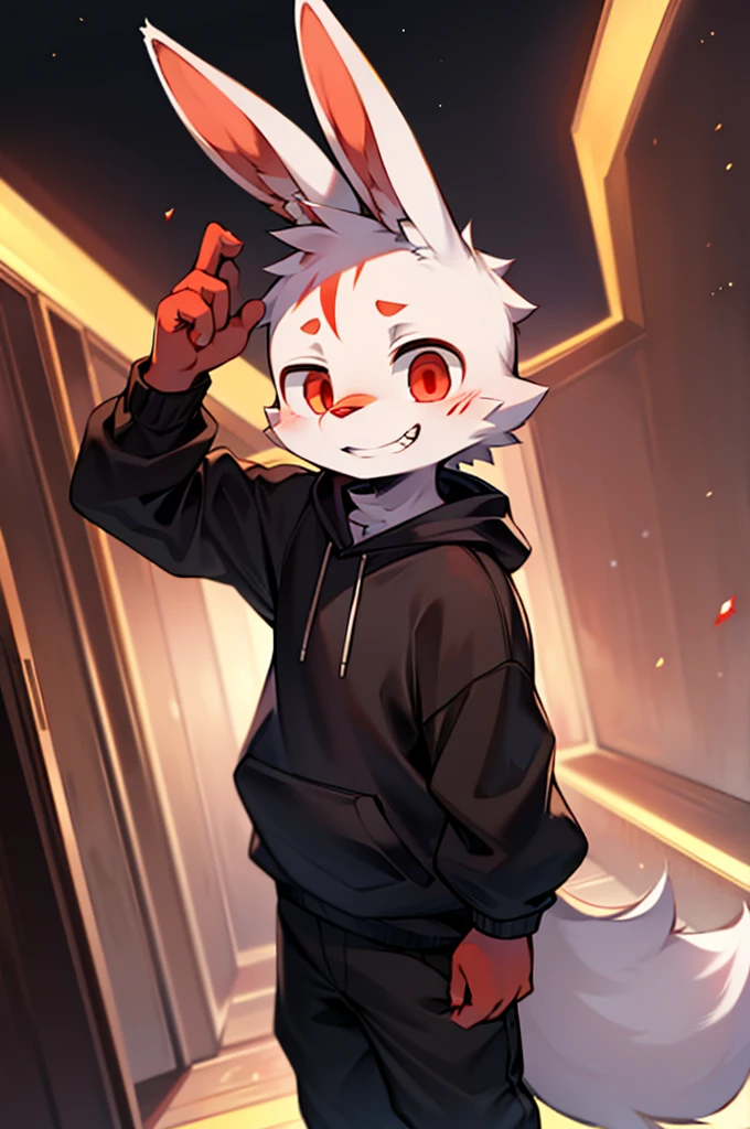 Charming Shota Rabbit, Sporting White Fur, Bright Red Eyes Glowing with Mischief, Playful and Goofy Grin, Fostering a Mysterious Aura, Dressed in Black Clothes Contrasting against Dark Fur, Long, Pink-Wrinkled Rabbit Ears, Standing Elegantly Amidst a Dimly Lit Background, Tainted with Blood-Stains and a Red Nose, in an Underworld setting seeped in a Silly Appearance, Backdrop of an Empty Space Shrouded in a Mysterious Atmosphere, Detailed High-Resolution Anime Style, Harkening Back to a Murder Mystery,