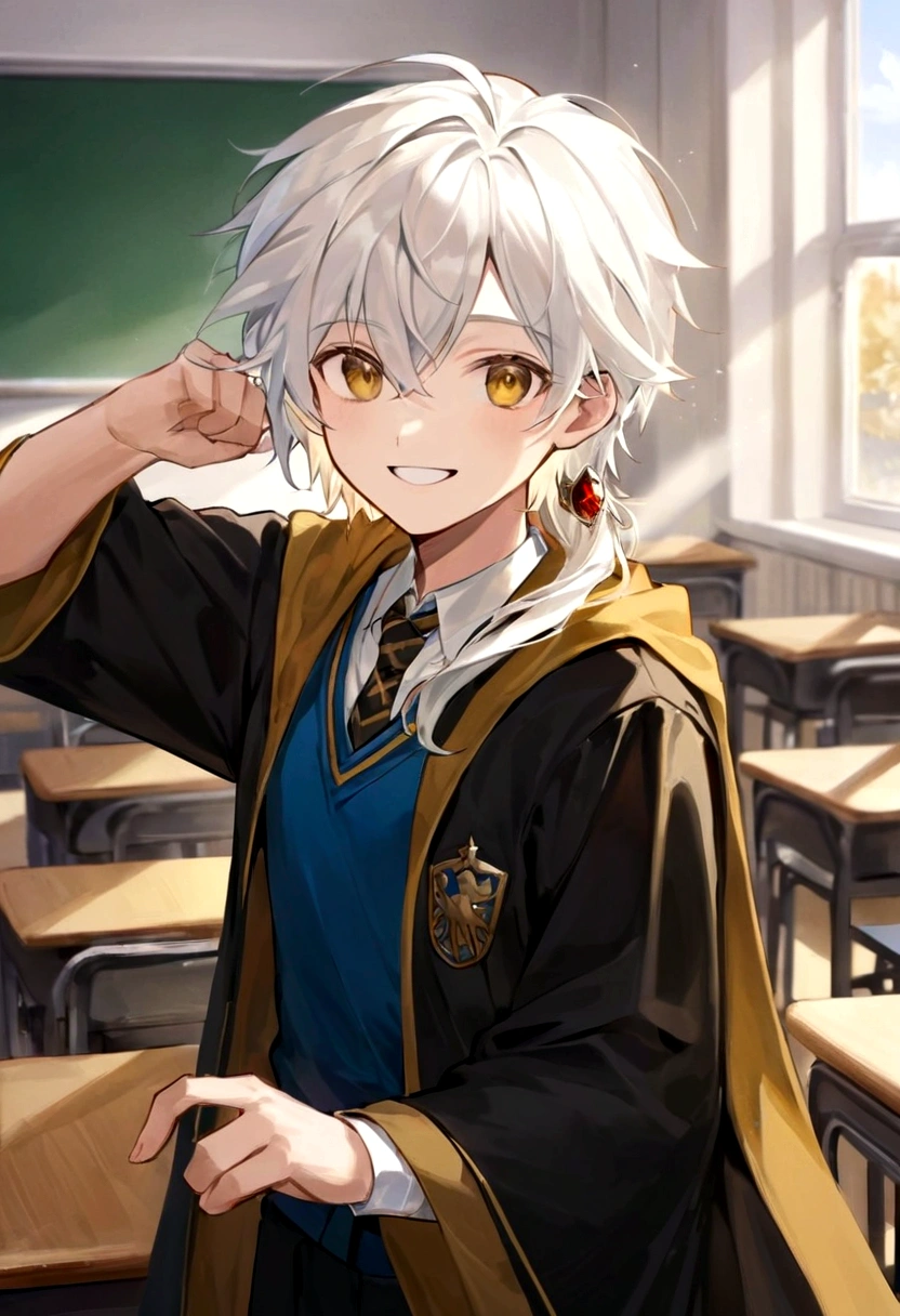 Ravenclaw uniform, Ravenclaw emblem, black robe. One Beautiful face boy. Very smart. white Hair. Amber yellow eyes. Hogwarts. Cheerful. Smile. Blue clothes. In classroom