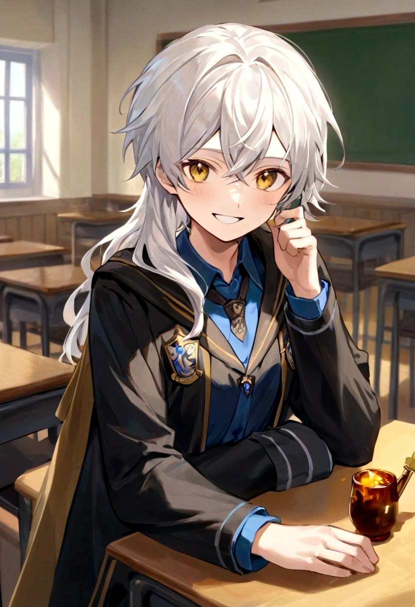 Ravenclaw uniform, Ravenclaw emblem, black robe. One Beautiful face boy. Very smart. white Hair. Amber yellow eyes. Hogwarts. Cheerful. Smile. Blue clothes. In classroom