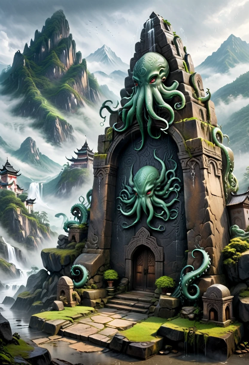 Terrorist style, mountain village in thick fog, Cthulhu's tentacles carved on the slanted stone tablet, the background is gloomy sky and raindrops, the main body of the picture is mountain village and stone tablet, the background is the environment surrounded by fog, panoramic, (masterpiece, best quality, Professional, perfect composition, very aesthetic, absurdres, ultra-detailed, intricate details:1.3)
