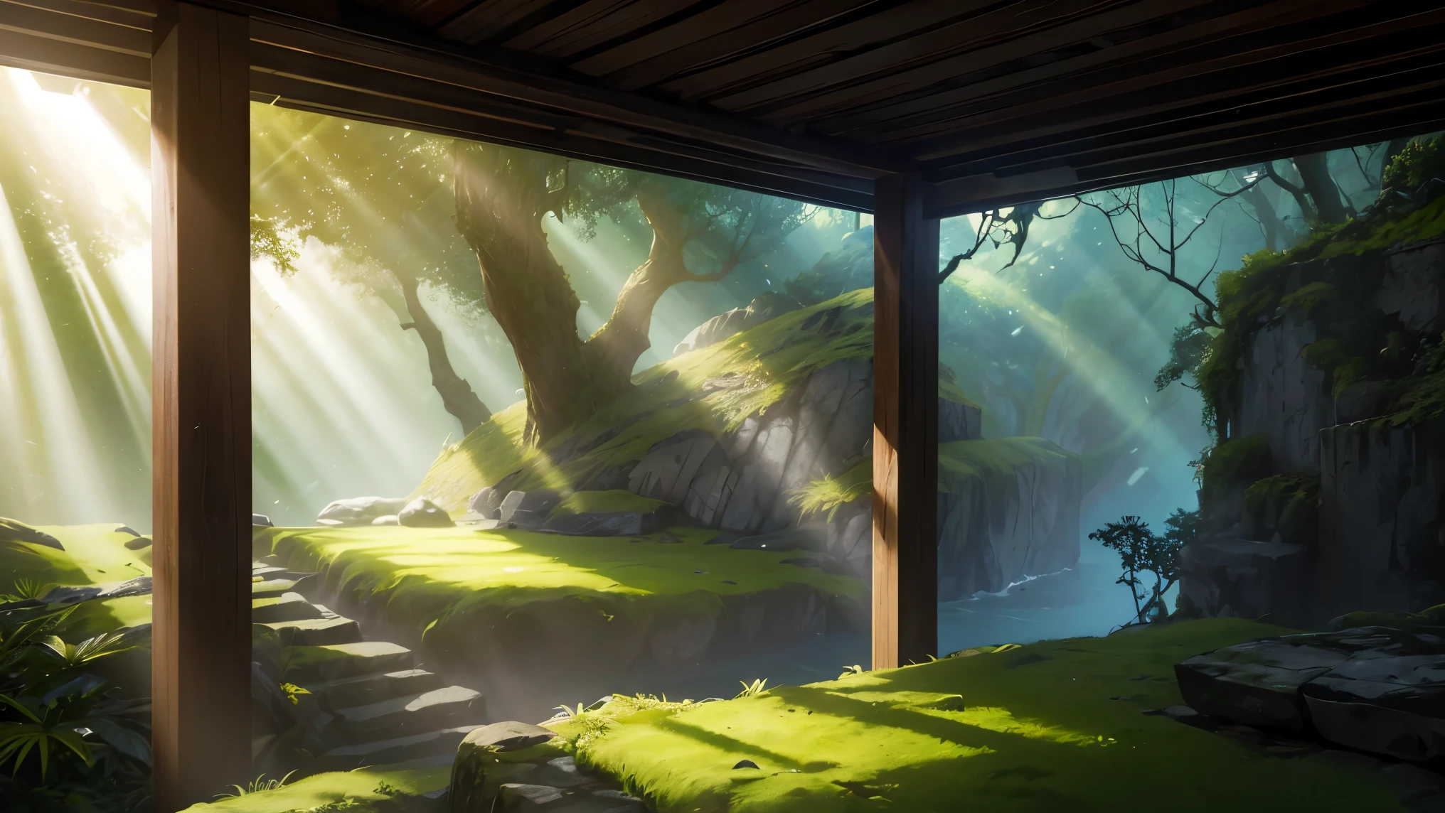 Strong light, Strong contrast, In an open-roofed cave、Sunlight shines through green moss and ferns。,  And open( Sea view:1.1) The bottom, Cel-shaded rendering, 4K,  360 degrees, Equirectangular projection, what, 
