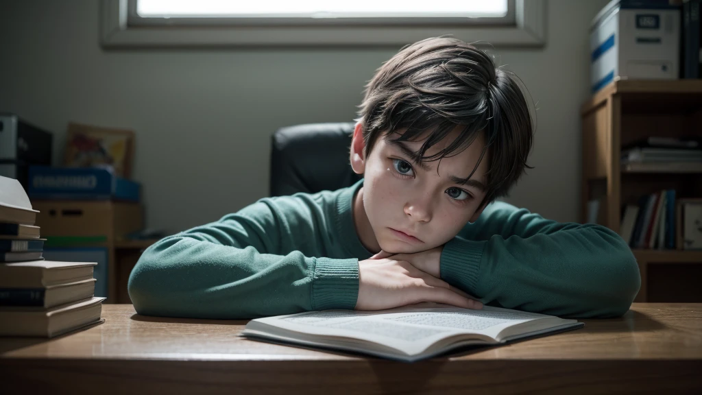 /imagine prompt: A boy sitting alone at his desk during a noisy recess, his furrowed brow and perturbed look betraying inner turmoil as commotion swirls around him, surrounded by chattering schoolmates yet disconnected from their energy, creating a feeling of being overwhelmed amongst the chaos, captured with an Olympus OM-D E-M1 Mark II, M.Zuiko Digital ED 25mm 1.2 lens for a Three-Quarter Portrait, overcast light adds nuance to his pensive features, cool blues and pale greens emphasize his solitary moment of reflection, --style raw --ar 16:9 --stylize 550 --chaos 125 --quality 45 --v 6