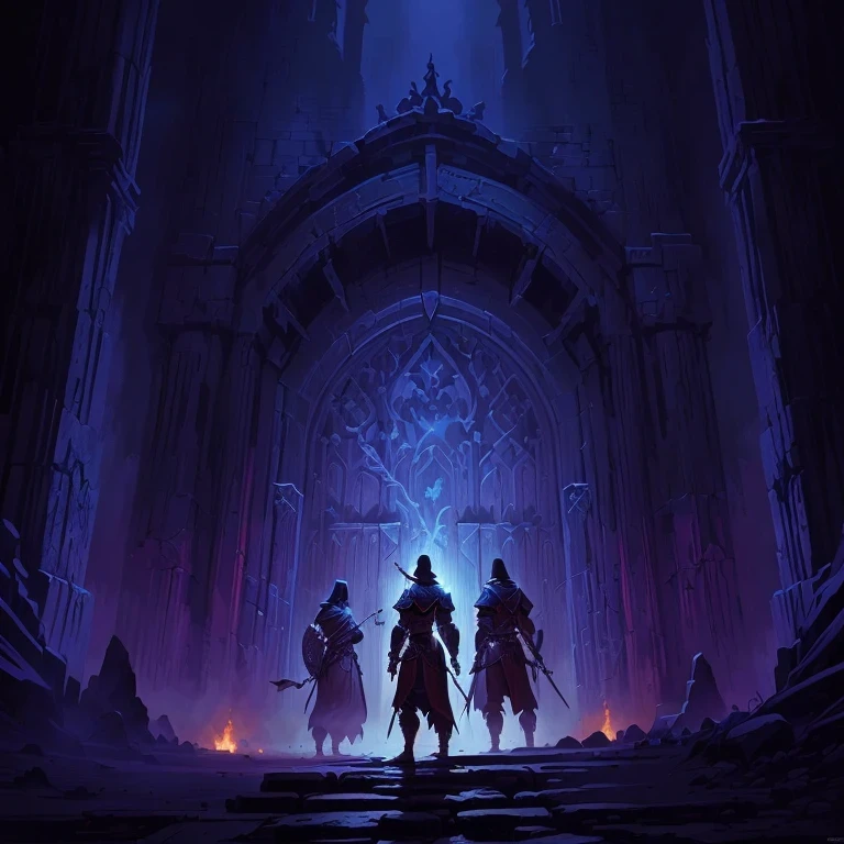 Image of a group of three warriors, um cavaleiro, um lanceiro e um arqueiro, em frente a entrada de uma dungeon, epic RPG art, arte de jogo de fantasia medieval, estilo andreas rocha, Andreas Rocha e John Howe, symmetrical fantasy RPG portrait, A entrada de Valhalla, fantasy RPG book illustration, Dan Mumford. arte conceitual, Estilo de arte de masmorra mais sombria, Dan Mumford tom bagshaw, arte dos guerreiros bem detalhada