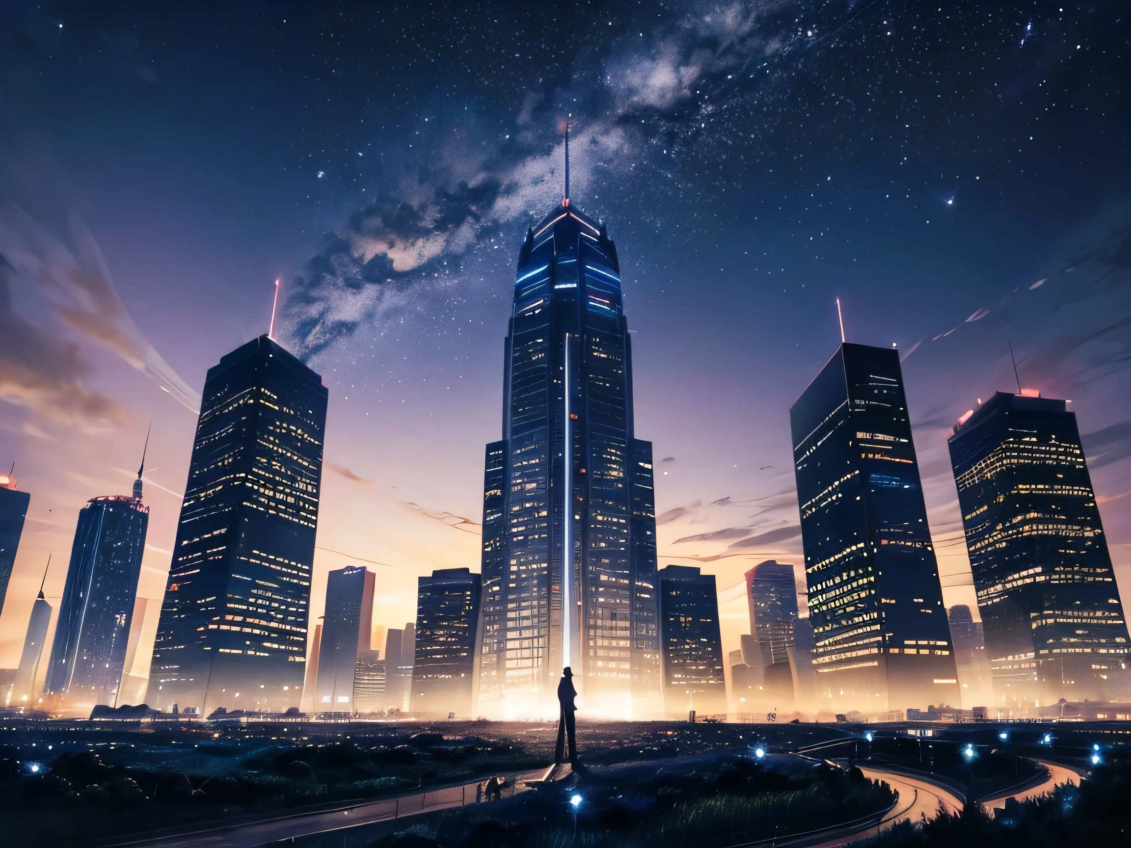 The night sky is alive with a symphony of stars, each one dancing and twinkling in its own unique way. Five impressive buildings stand tall, their silhouettes outlined against the starry backdrop.