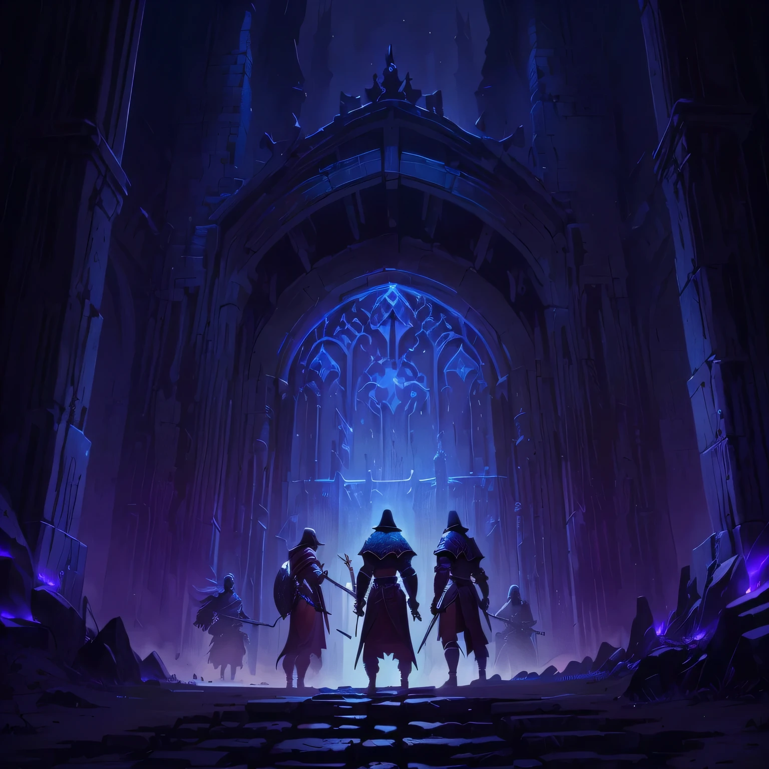 Image of a group of three warriors, um cavaleiro, um lanceiro e um arqueiro, em frente a entrada de uma dungeon, epic RPG art, arte de jogo de fantasia medieval, estilo andreas rocha, Andreas Rocha e John Howe, symmetrical fantasy RPG portrait, A entrada de Valhalla, fantasy RPG book illustration, Dan Mumford. arte conceitual, Estilo de arte de masmorra mais sombria, Dan Mumford tom bagshaw, arte dos guerreiros bem detalhada