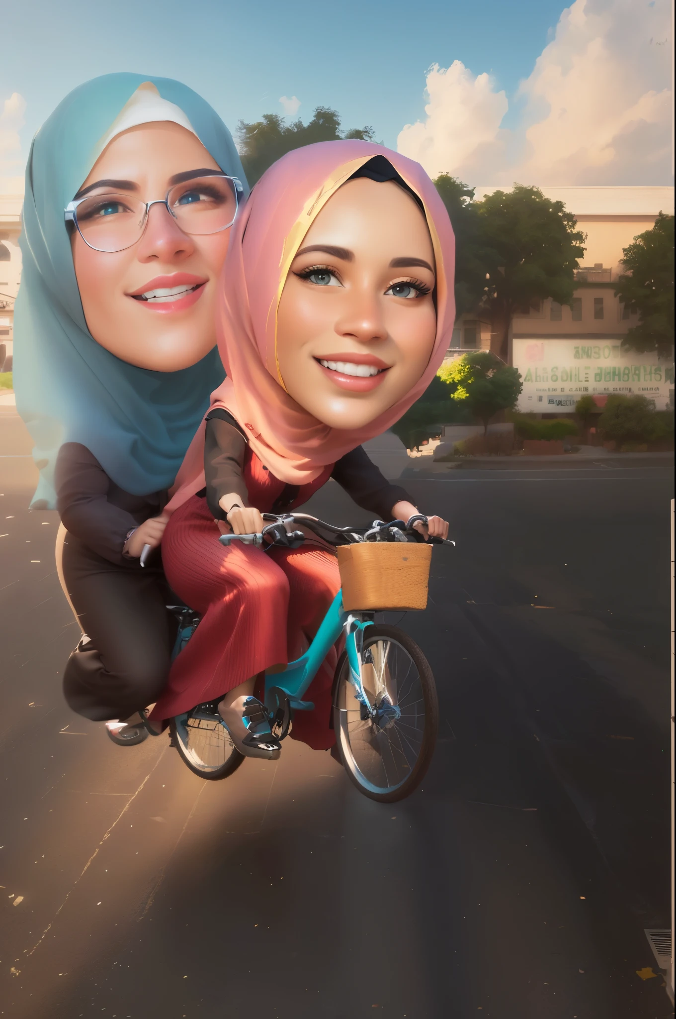 cartoon of two hijab woman riding a bike, caricature illustration, caricature!!!, caricature, cartoon digital art, realism artstyle, caricature style, 3 d cartoon, cartoon artstyle, digital art cartoon, cartoon digital painting, cartoon portrait, realistic 3d, realistic cartoon, cartoon art, in cartoon style, realism art, by Abidin Dino
