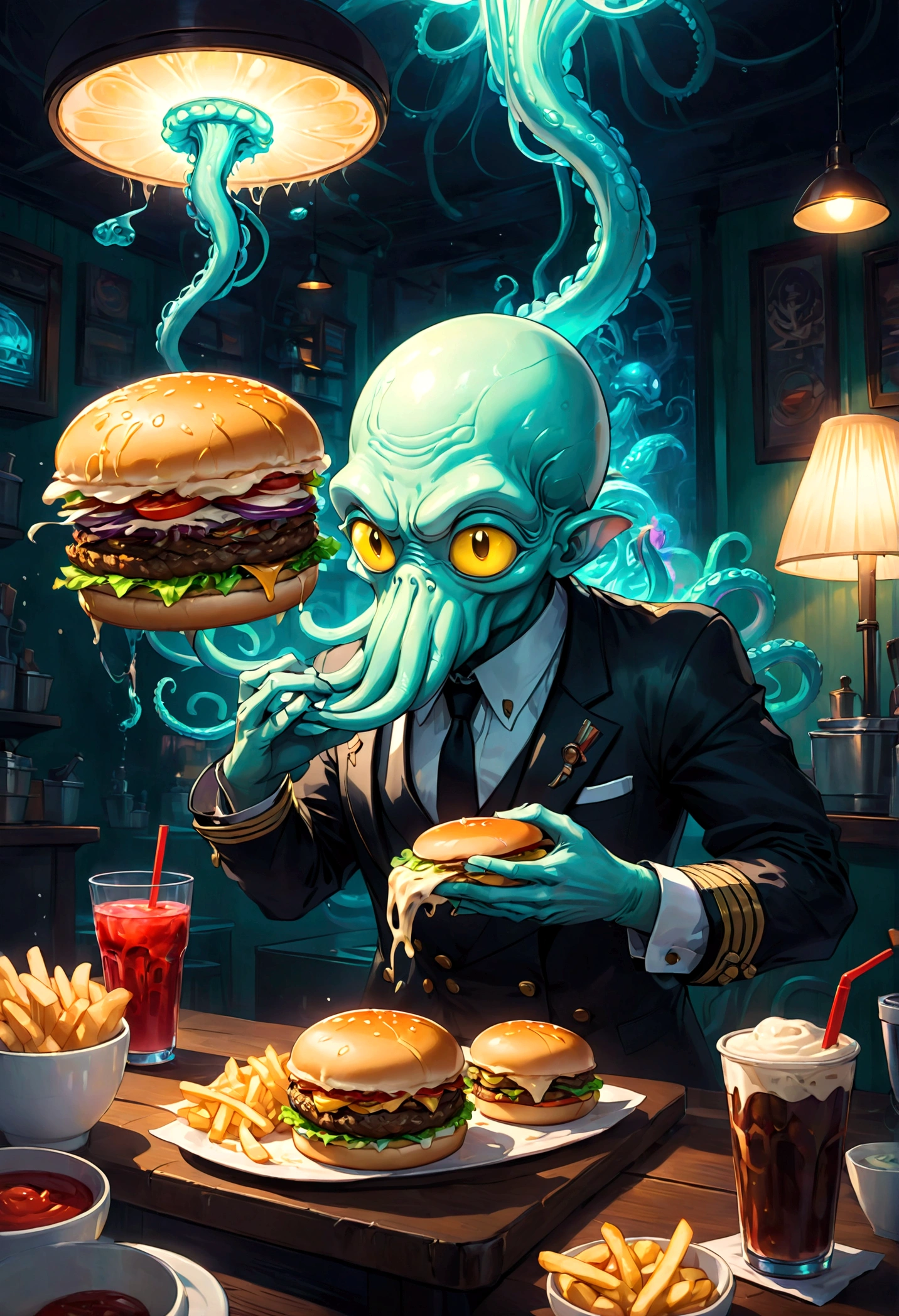 Squidward Quincy Tentacles, wear Waiter uniform, Cthulhu style Burger Shop, dramatic composition, cinematic dynamic action scene, vibrant colors, cinematic lighting, dramatic lighting, best quality, masterpiece, very aesthetic, perfect composition, intricate details, ultra-detailed