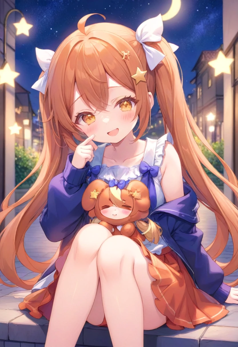 1girl, winking girl, star iris, long pigtails, random outfit, cute outfit, orange hair, nice night,AddXL,_girl, sitting, red long hair, outfit random, 