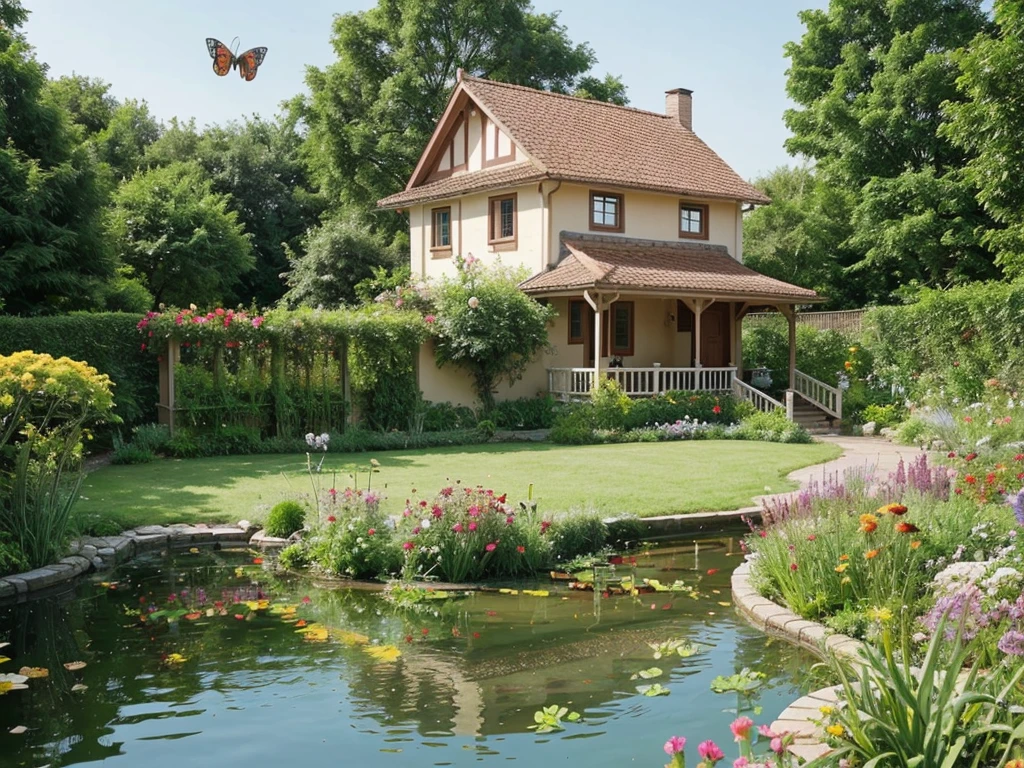 Nice single story house in a beautiful garden, butterflies in air, birds in air, small animals, pond with fish, daschund in garden,