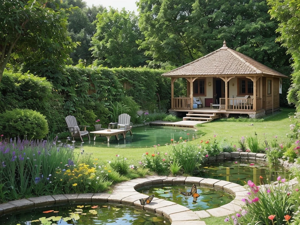 Nice single story house in a beautiful garden, butterflies in air, birds in air, small animals, pond with fish, daschund in garden,