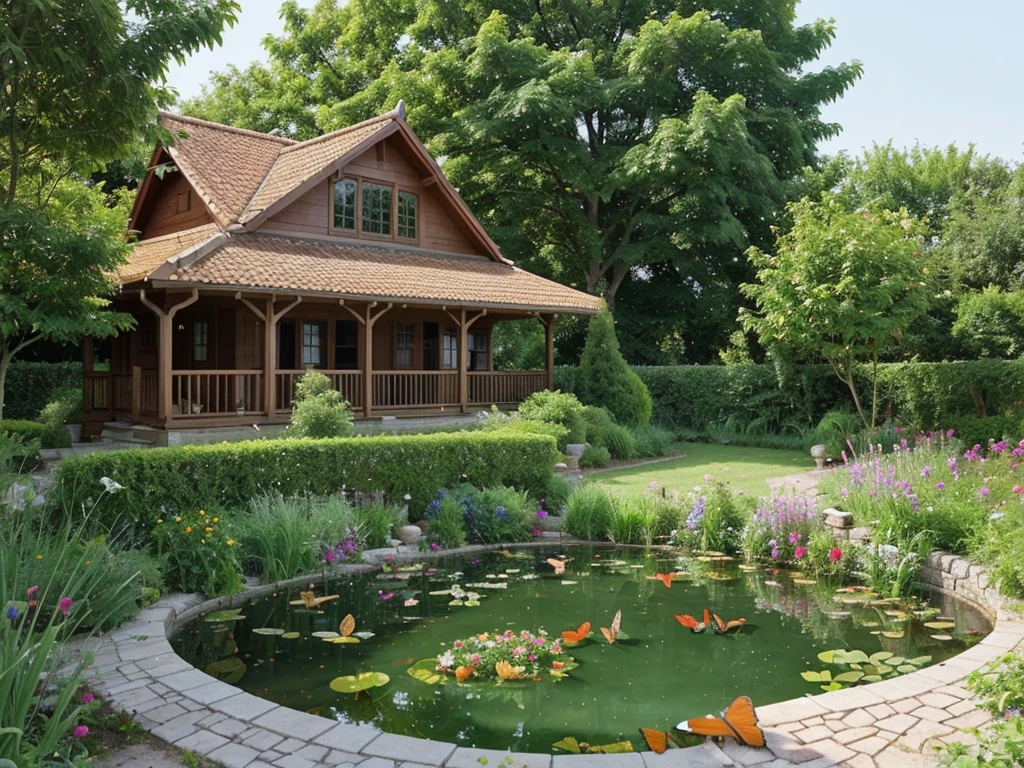 Nice single story house in a beautiful garden, butterflies in air, birds in air, small animals, pond with fish, daschund in garden, 