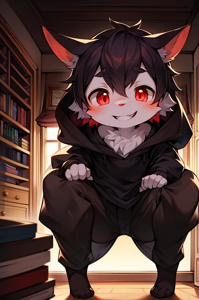 Enchanting Shota Rabbit, Featuring Glossy White Fur, Bright Red Eyes Radiating Mischief, Playful and Silly Grin, Cultivating a Mysterious Aura, Clad in Black Clothes, Pink-Wrinkled Rabbit Ears, within a Room Brimming with Books, exuding a Silly Appearance, Backdrop of an Empty Space Enveloped in a Mysterious Atmosphere, Detailed High-Resolution Anime Style, Harkening Back to a whimsical Murder Mystery,

Details:
- Excellent Picture Quality: 1.5
- Accurate Anatomy: 1