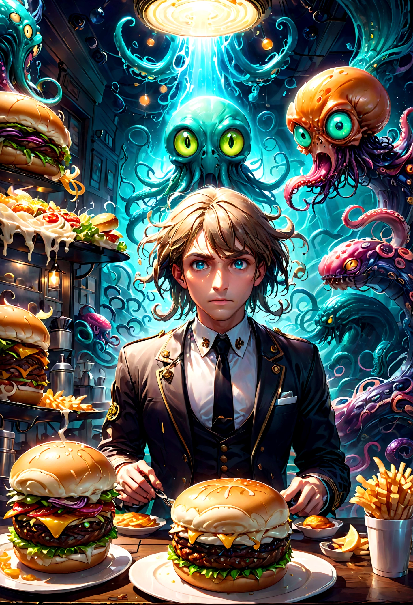 Squidward Quincy Tentacles, wear Waiter uniform, Cthulhu style Burger Shop, dramatic composition, cinematic dynamic action scene, vibrant colors, cinematic lighting, dramatic lighting, best quality, masterpiece, very aesthetic, perfect composition, intricate details, ultra-detailed