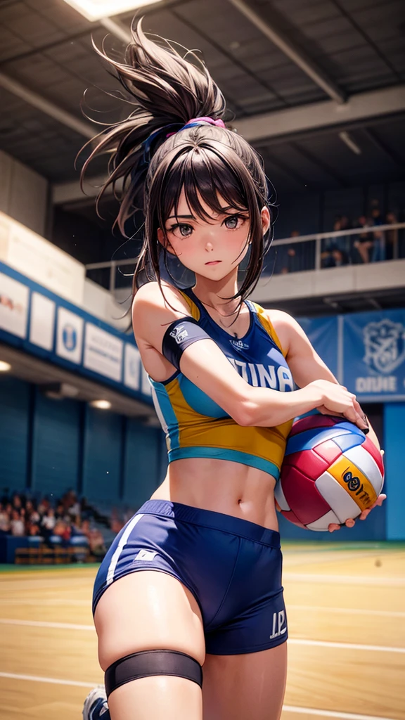 The image appears to be of a female volleyball player on the court during a game or practice session. He wears a sports uniform with the number 3, consisting of a blue tank top with white and pink patterns on the front and blue athletic shorts. El uniforme tiene un logotipo en el lado superior derecho, pero no puedo mencionar la marca o el nombre del equipo. He also wears black knee pads and has a black sleeve on the elbow of his right arm.. Su cabello es corto y rizado, y parece estar concentrada en el juego, mirando ligeramente hacia su izquierda. The background is blurred, but suggests an indoor sports venue with some audience members and standard indoor lighting. There is no action visible in the shot; captura un momento de la jugadora en movimiento, probablemente entre jugadas.
Please note that I cannot provide information about the identity of the person in the image.