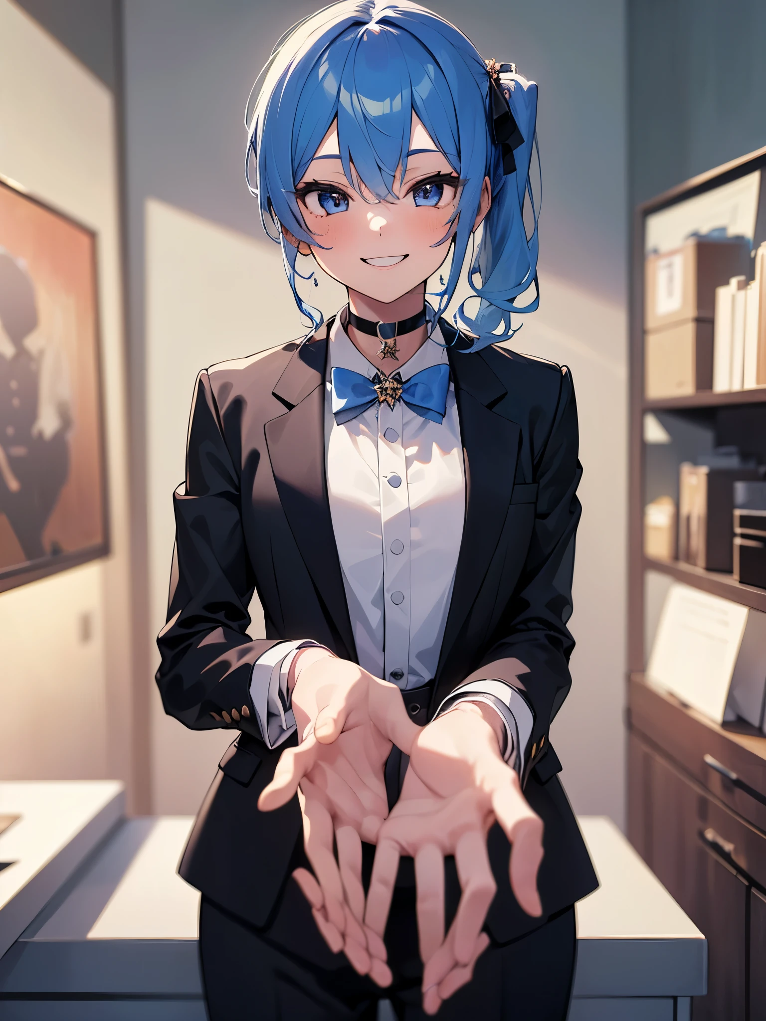(One girl:1.5),Star Town Suisei、blue eyes、Blue Hair、choker、Hair between the eyes、Medium Hair、Side Ponytail、星のchoker,(Tuxedo:1.5),Suit pants,outer coat,White gloves,(Perfect hands),(Perfect Anatomy),(masterpiece),(highest quality),(Cool smile:1.5),Luxurious mansion,Office,Raise your finger,Bring your fingers close to your mouth