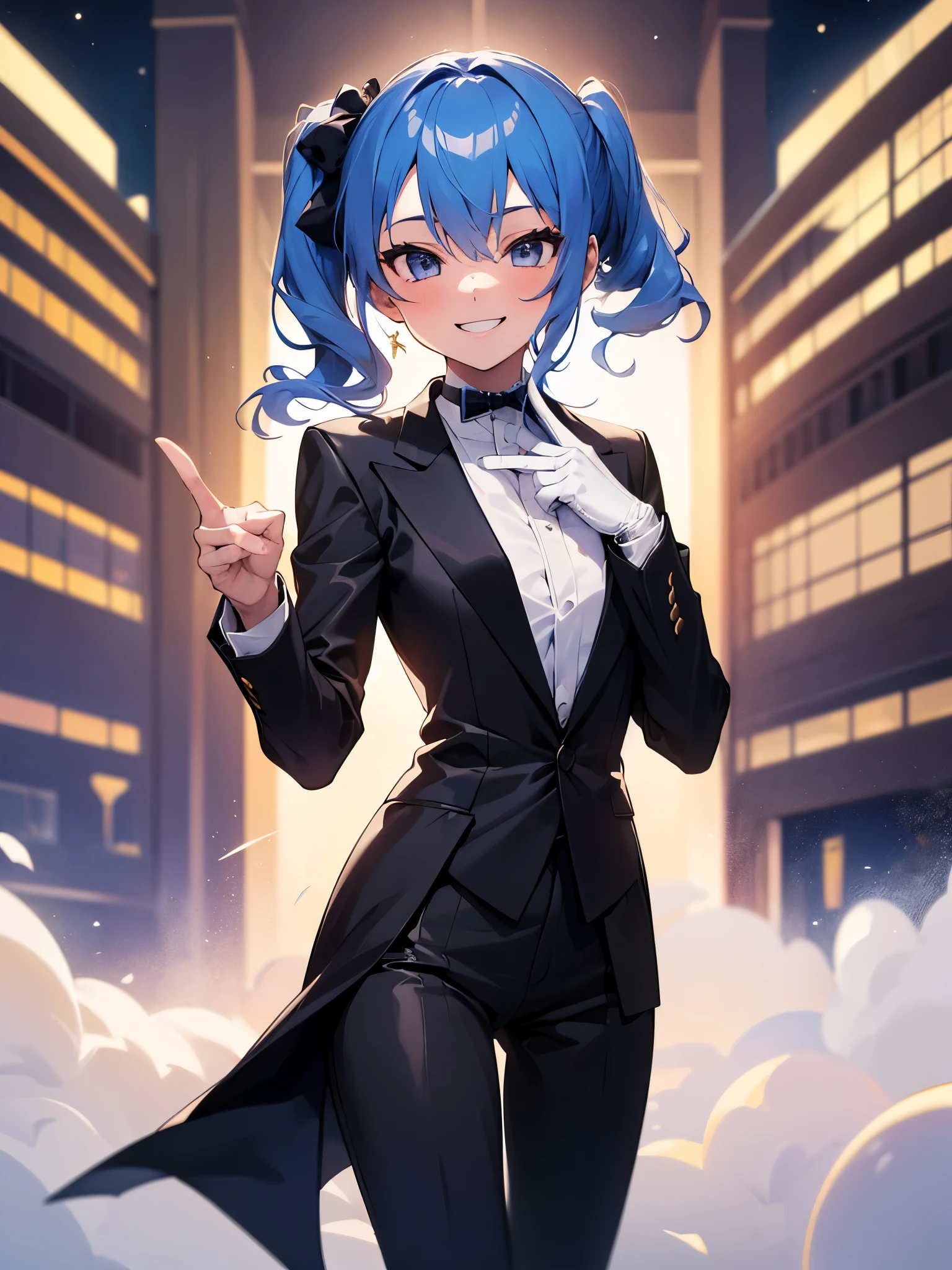 (One girl:1.5),Star Town Suisei、blue eyes、Blue Hair、choker、Hair between the eyes、Medium Hair、Side Ponytail、星のchoker,(Tuxedo:1.5),Suit pants,outer coat,White gloves,(Perfect hands),(Perfect Anatomy),(masterpiece),(highest quality),(Cool smile:1.5),Luxurious mansion,Office,Raise your finger,Bring your fingers close to your mouth