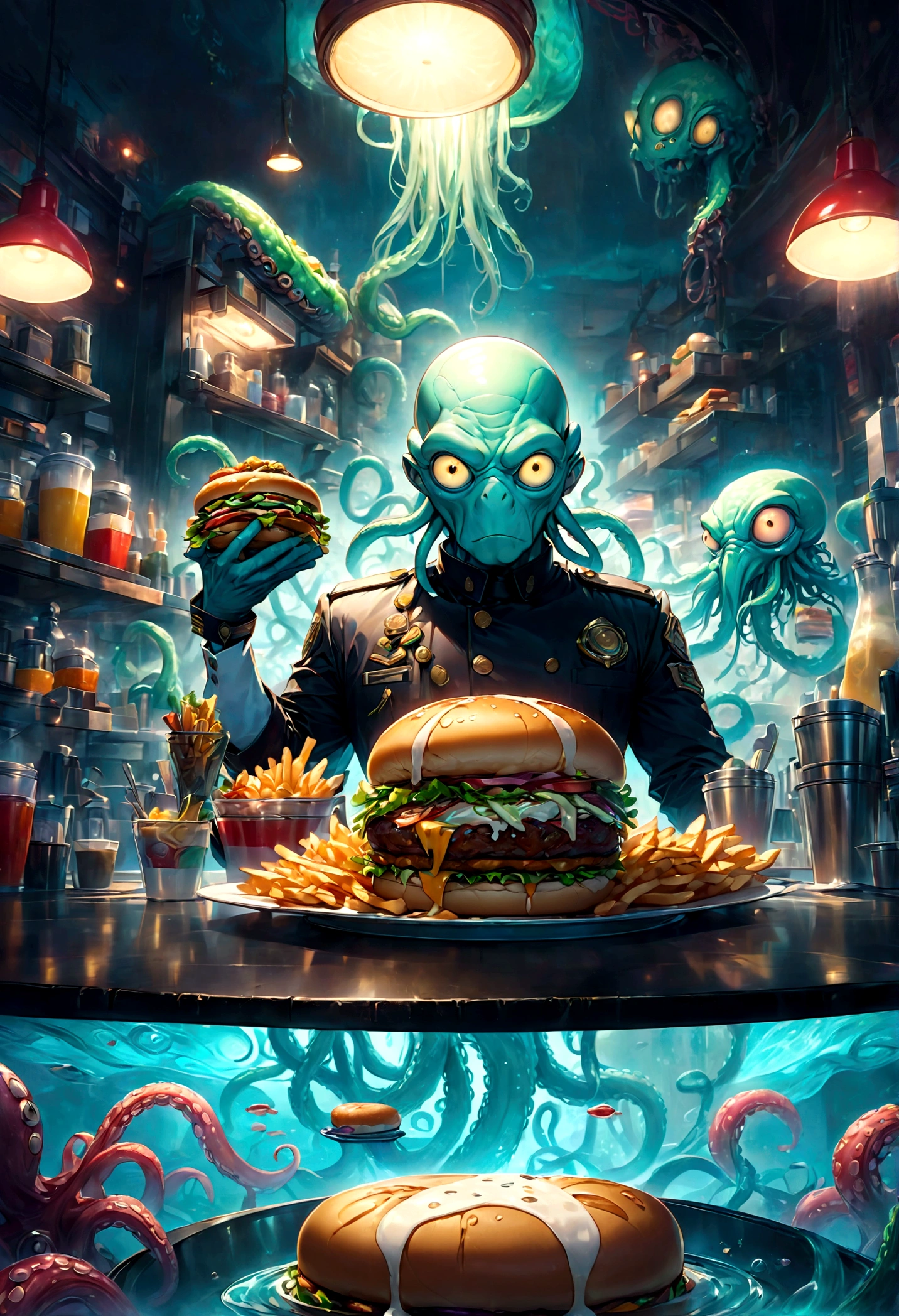 Squidward Quincy Tentacles, wear Waiter uniform, Cthulhu style Burger Shop, dramatic composition, cinematic dynamic action scene, vibrant colors, cinematic lighting, dramatic lighting, best quality, masterpiece, very aesthetic, perfect composition, intricate details, ultra-detailed