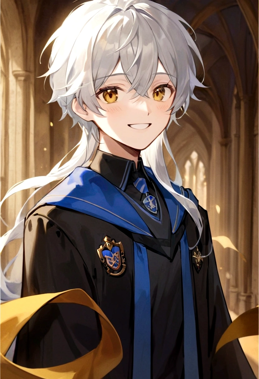 Ravenclaw uniform, Ravenclaw emblem, black robe. Beautiful face boy. Very smart. white Hair. Amber yellow eyes. Hogwarts. Cheerful. Smile. Blue clothes