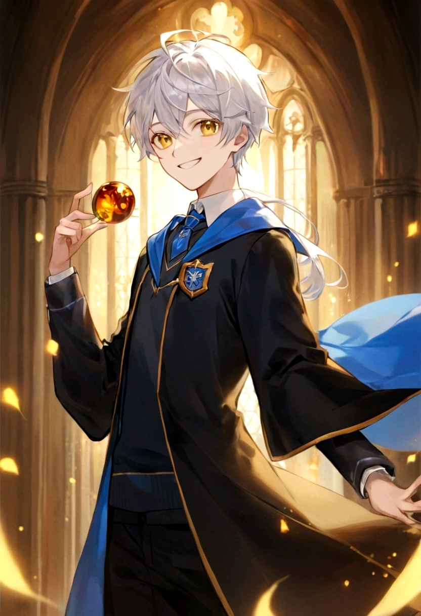 Ravenclaw uniform, Ravenclaw emblem, black robe. Beautiful face boy. Very smart. white Hair. Amber yellow eyes. Hogwarts. Cheerful. Smile. Blue clothes