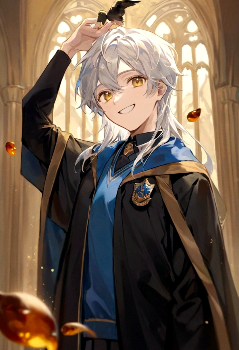 Ravenclaw uniform, Ravenclaw emblem, black robe. Beautiful face boy. Very smart. white Hair. Amber yellow eyes. Hogwarts. Cheerful. Smile. Blue clothes