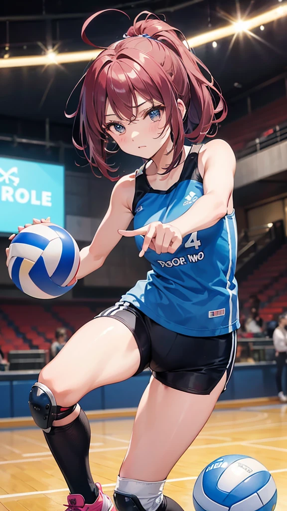 The image appears to be of a female volleyball player on the court during a game or practice session. He wears a sports uniform with the number 3, consisting of a blue tank top with white and pink patterns on the front and blue athletic shorts. El uniforme tiene un logotipo en el lado superior derecho, pero no puedo mencionar la marca o el nombre del equipo. He also wears black knee pads and has a black sleeve on the elbow of his right arm.. Su cabello es corto y rizado, y parece estar concentrada en el juego, mirando ligeramente hacia su izquierda. The background is blurred, but suggests an indoor sports venue with some audience members and standard indoor lighting. There is no action visible in the shot; captura un momento de la jugadora en movimiento, probablemente entre jugadas.
Please note that I cannot provide information about the identity of the person in the image.