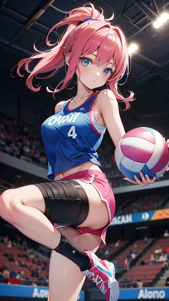 The image appears to be of a female volleyball player on the court during a game or practice session. He wears a sports uniform with the number 3, consisting of a blue tank top with white and pink patterns on the front and blue athletic shorts. El uniforme tiene un logotipo en el lado superior derecho, pero no puedo mencionar la marca o el nombre del equipo. He also wears black knee pads and has a black sleeve on the elbow of his right arm.. Su cabello es corto y rizado, y parece estar concentrada en el juego, mirando ligeramente hacia su izquierda. The background is blurred, but suggests an indoor sports venue with some audience members and standard indoor lighting. There is no action visible in the shot; captura un momento de la jugadora en movimiento, probablemente entre jugadas.

Please note that I cannot provide information about the identity of the person in the image.