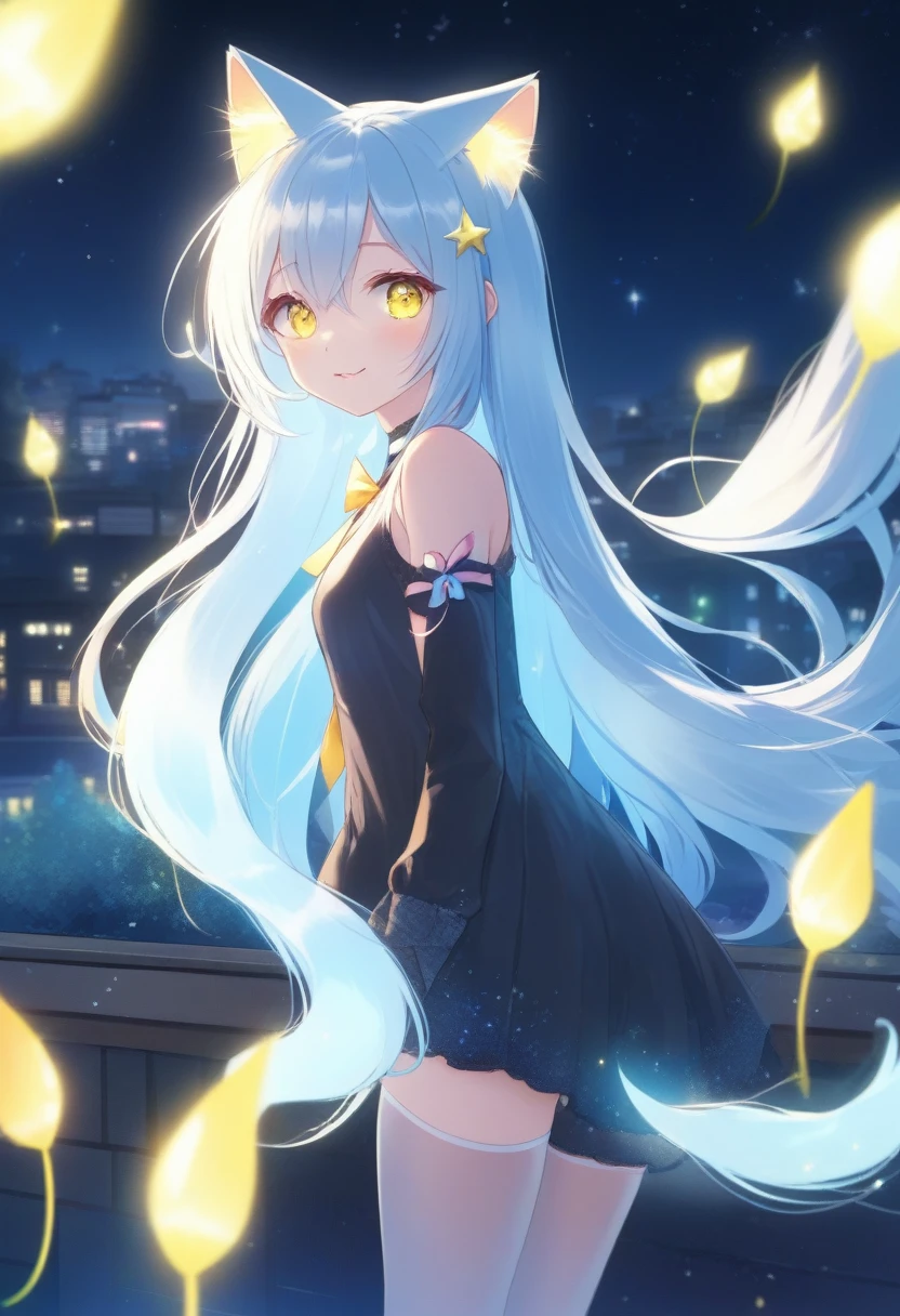 (glowing luminous cat tail, cat ears), cinematic lighting, mirage, 1 girl, very long hair, multicolored hair, luminous hair, luminous yellow hair tips, cat tail, yellow eyes, glitter hair, a bright light blue star on the left cheek, hair ribbon, very long hair, very happy, cute, pantyhose, ((1girl, solo), cheerful, dynamic angle, outdoors, reflection, hair over eyes, big , sexy
