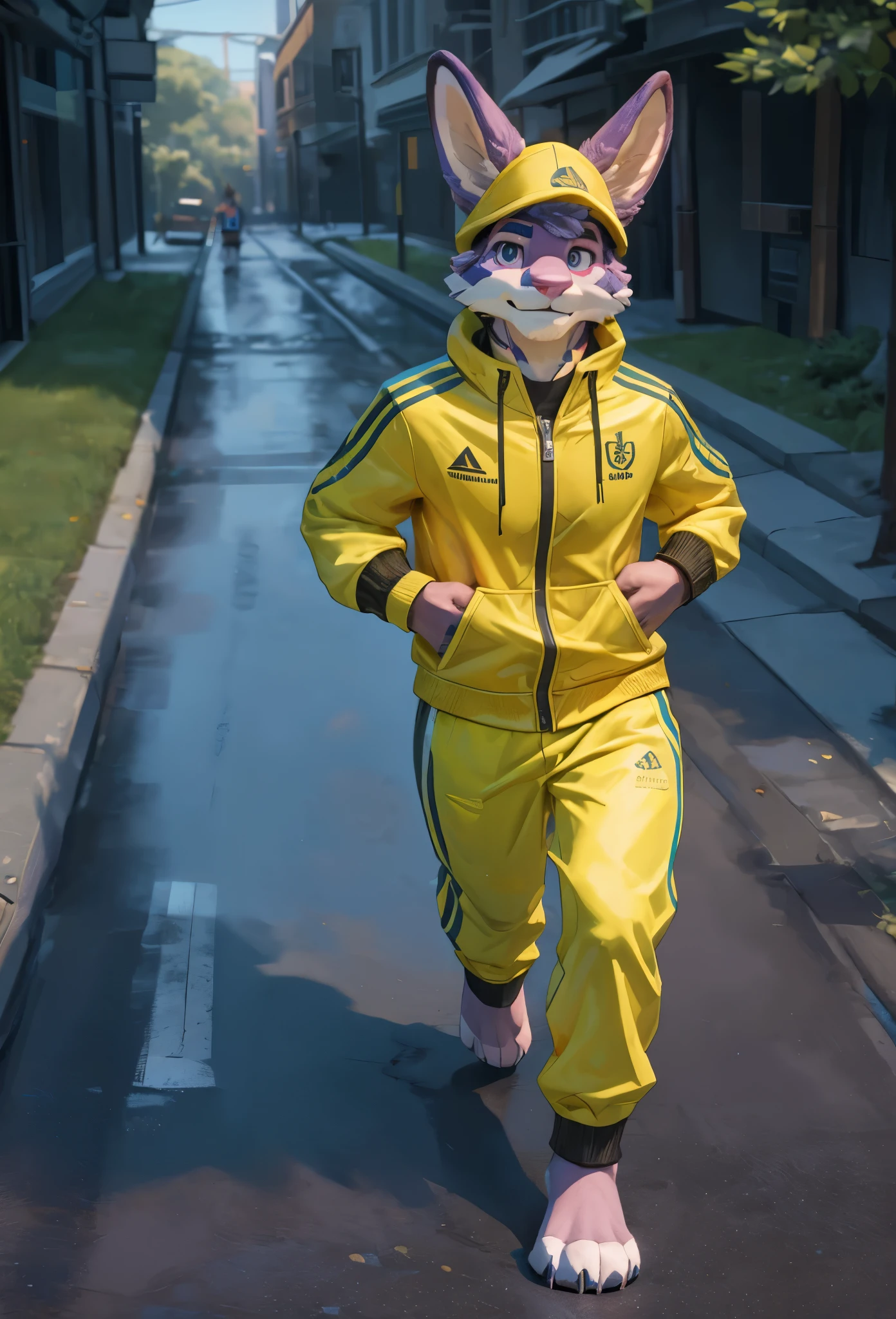 (((Barefoot furry character, full body, cinematic setting, furry male, plantigrade)))
Cornelius, violet fur, bunny, black/yellow tracksuit, jogging in park
BREAK, intricate details, highly detailed, extreme detail, octane render, fine art, best quality, highres, (detailed face:1.5), ((full_body)), UHD, (((perfect hands))), low light