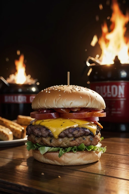 create an image of a realistic burger on a counter with fire behind it