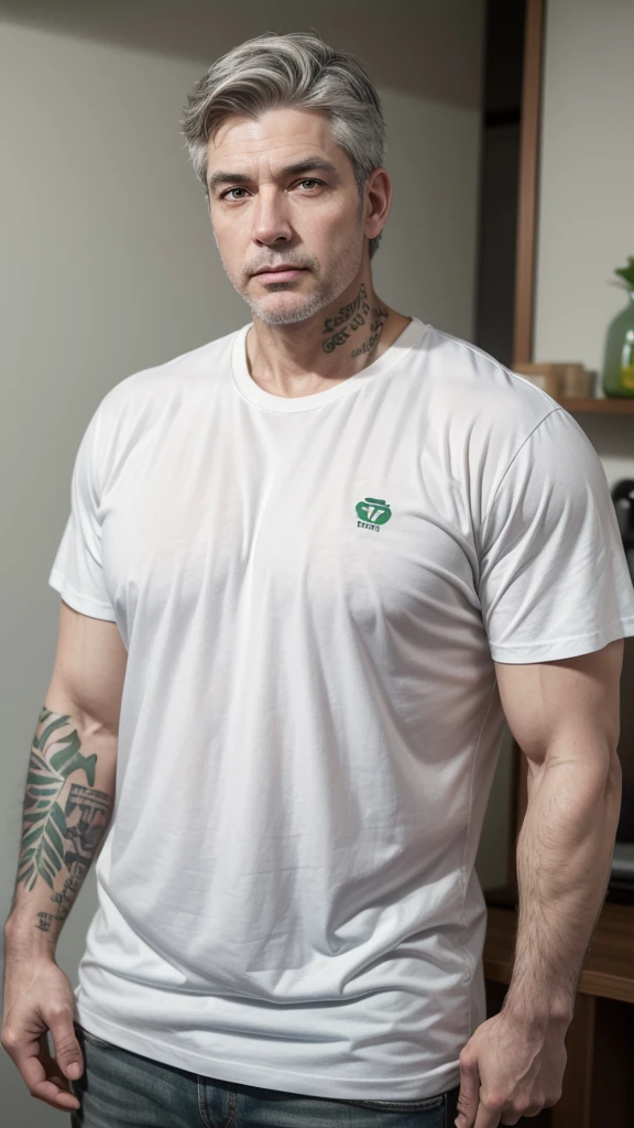 tall man 1.93 tall, Brazilian, white, short dark gray hair, green eyes approximately 45 years old, athletic body but chubby left arm tattooed in white t-shirt
