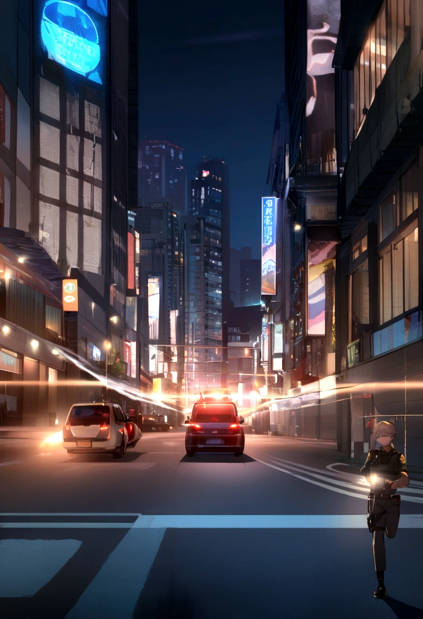 Lupin's car, Flashing police lights, Spotlight, bullet trajectory, Gunshots, city, night, running, Bullet Tracer,