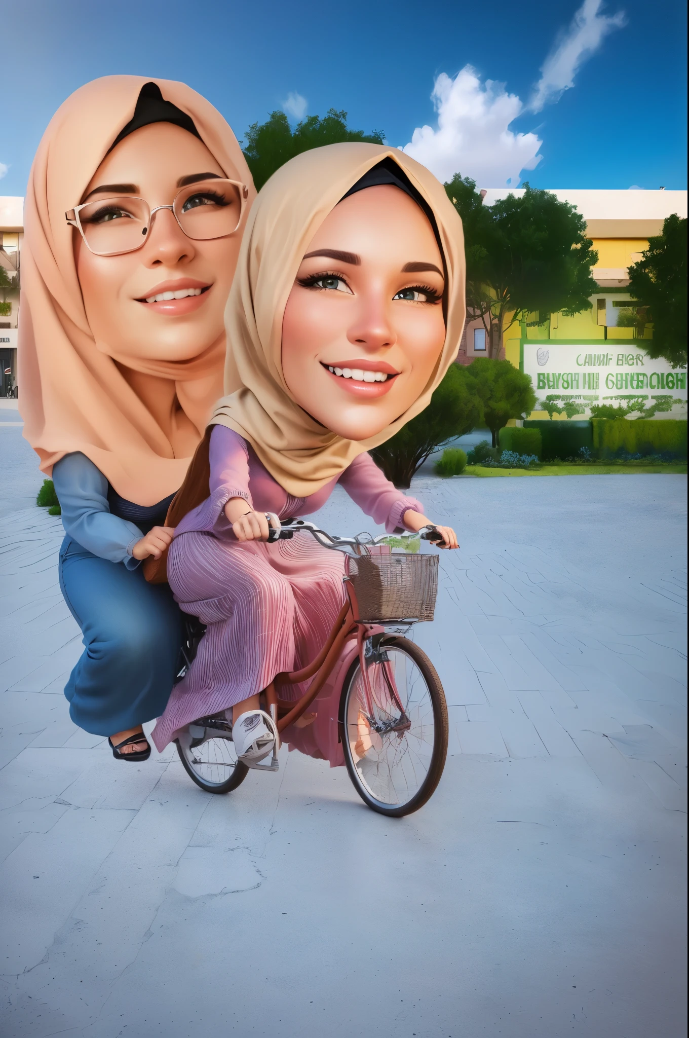 cartoon of two hijab woman riding a bike, caricature illustration, caricature!!!, caricature, cartoon digital art, realism artstyle, caricature style, 3 d cartoon, cartoon artstyle, digital art cartoon, cartoon digital painting, cartoon portrait, realistic 3d, realistic cartoon, cartoon art, in cartoon style, realism art, by Abidin Dino