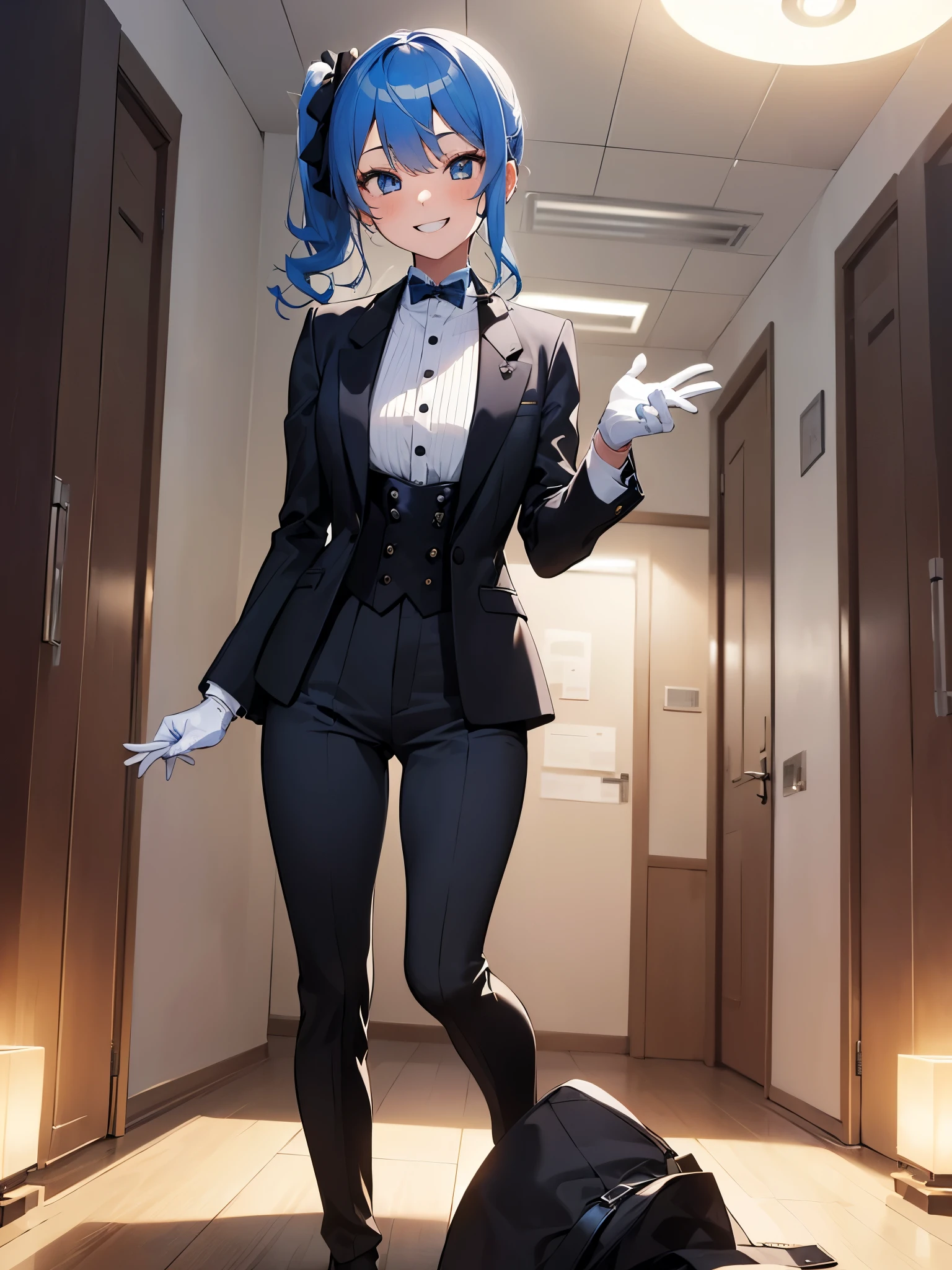 (One girl:1.5),Star Town Suisei、blue eyes、Blue Hair、choker、Hair between the eyeedium Hair、Side Ponytail、星のchoker,(Tuxedo:1.5),Suit pants,outer coat,White gloves,(Perfect hands),(Perfect Anatomy),(masterpiece),(highest quality),(Cool smile:1.5),Luxurious mansion,Office