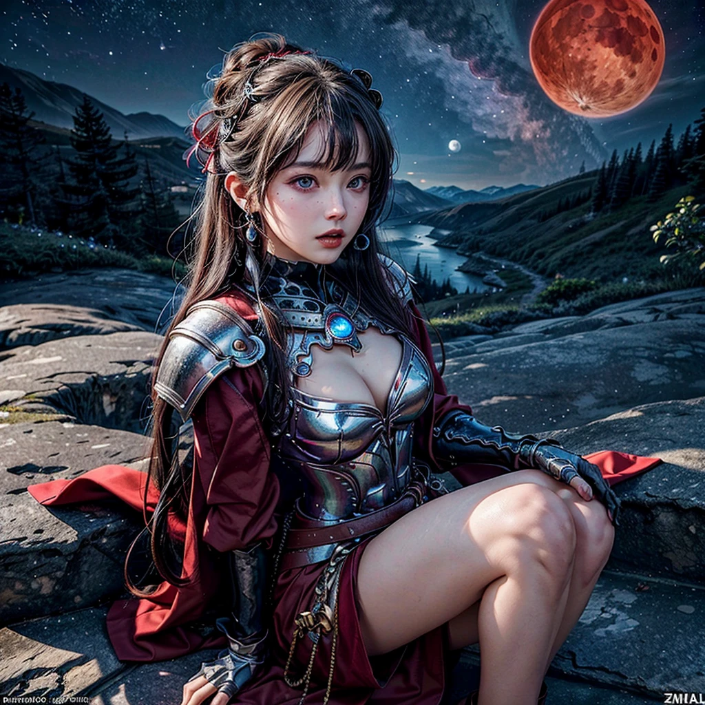 NSFW, 8K，High -level, absurd, masterpiece, best quality, primitive, very detailed CG, very detailed wallpaper, perfect lighting, Jitome, lips, makeup, wh_chi_armor, (((The personification of Red Moon))), MysticSight, Tyndall effect, Tyndall scattering, (EXPOSED:0.75), (ZoomedOut:1.35), Looking down on the world from the top of a steep mountain, Colorful Sky, Meteors, Dazzling RainbowColored Horizon,