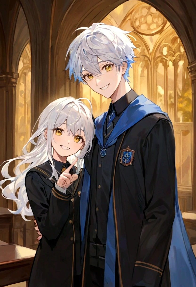 Ravenclaw uniform, Ravenclaw emblem, black robe. Beautiful face boy. Very smart. white Hair. Amber yellow eyes. Hogwarts. Cheerful. Smile. Blue clothes
