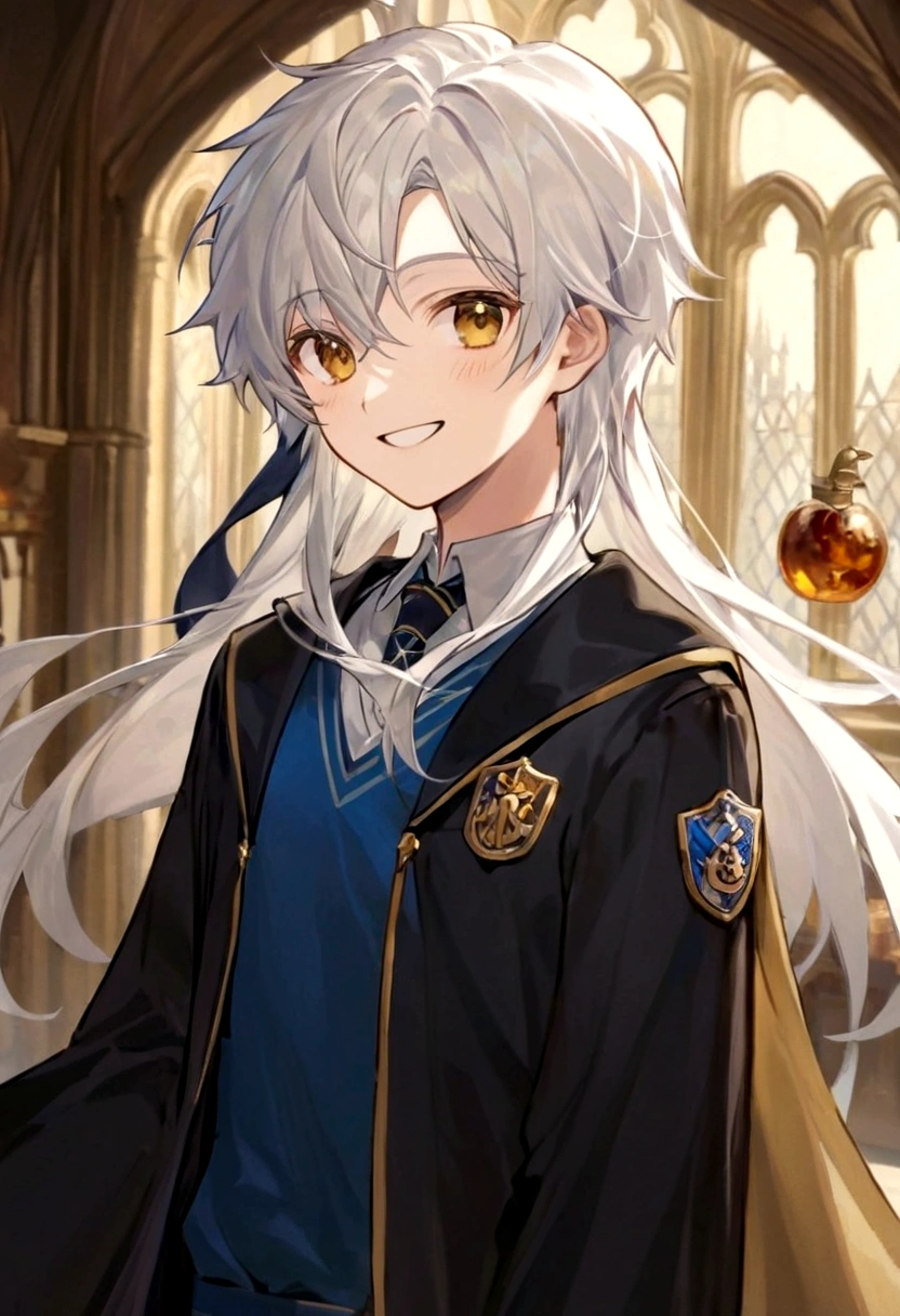 Ravenclaw uniform, Ravenclaw emblem, black robe. Beautiful face boy. Very smart. white Hair. Amber yellow eyes. Hogwarts. Cheerful. Smile. Blue clothes