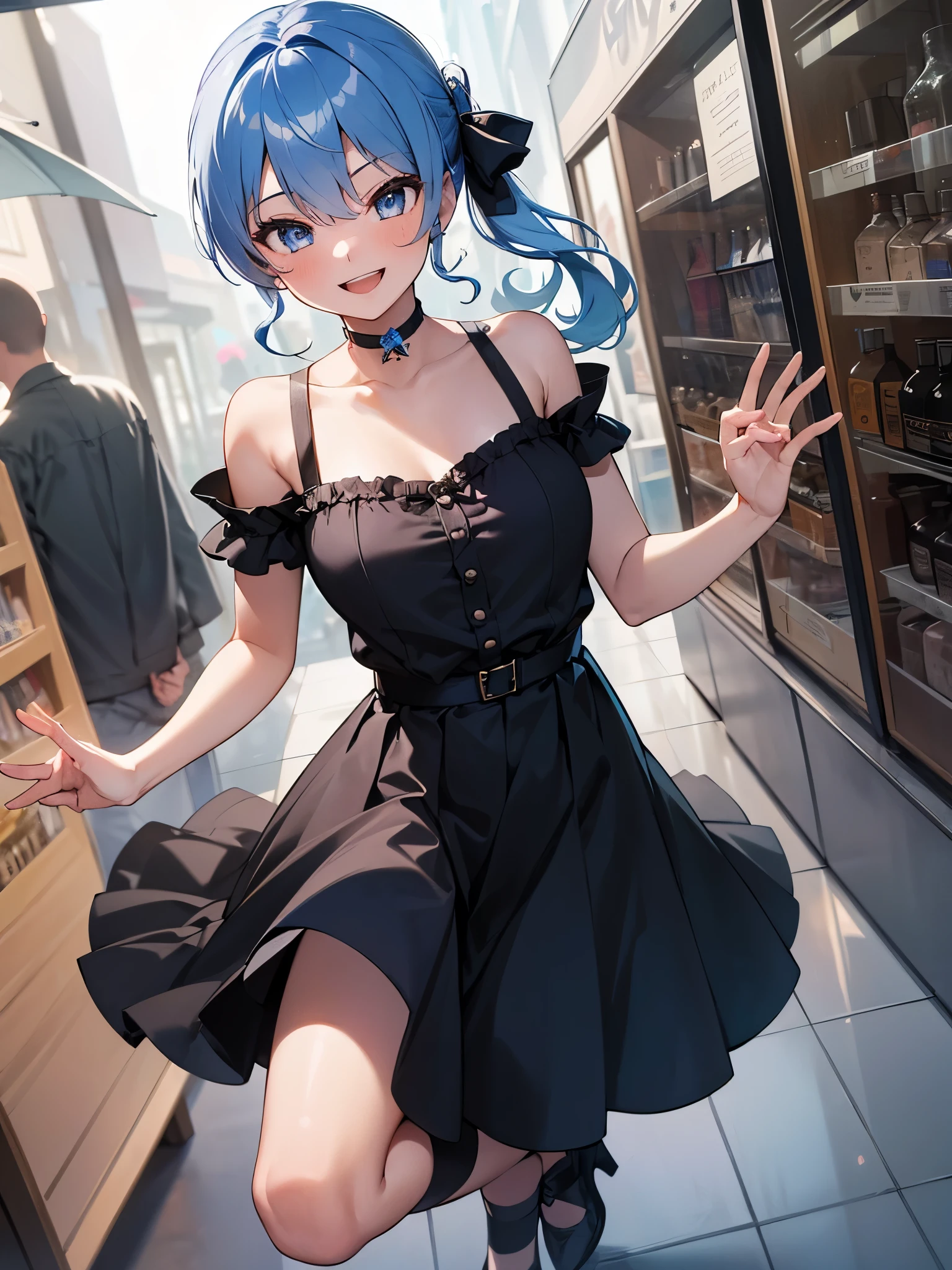 (One girl:1.5),Star Town Suisei、blue eyes、Blue Hair、choker、Hair between the eyes、Medium Hair、Side Ponytail,Small breasts,星のchoker,Frilled shirt,Tank top,Long skirt,Wedge heels,(Perfect hands),(Perfect Anatomy),(masterpiece),(highest quality),(A big smile:1.5),Department Wah Street,shop window,Date