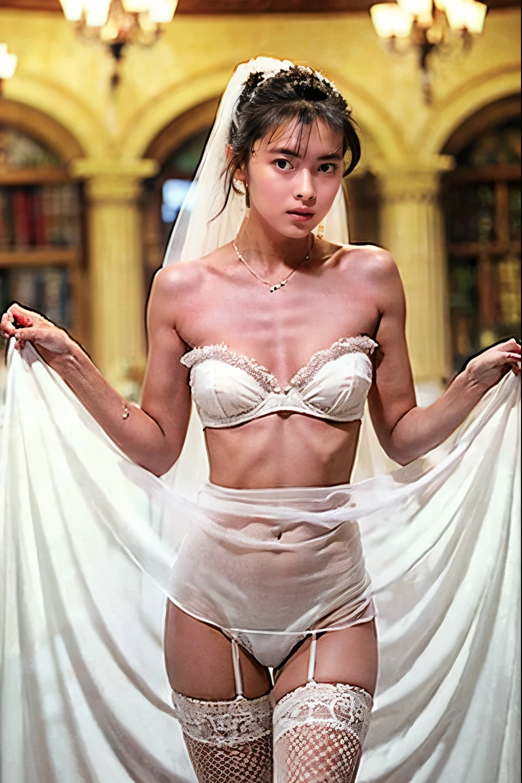 Naked Bride." shape, Large saggy breasts, Beautiful nipples, Perfect body, whole body , Church wedding,  (((There were many participants behind her...))).  (((white transparent wedding dress, Transparent Micro Panties, Transparent Micro Bra, Fishnet tights.))) . Thick pubic hair. ,(highest quality, 4K, 8k, High resolution, Tabletop:1.2), Very detailed, (Realistic, Realistic, Realistic:1.37), Royal, attractive, (Vibrant colors, Sharp Chest:1.1), Soft lighting"Writhing expression. The most beautiful woman in town.